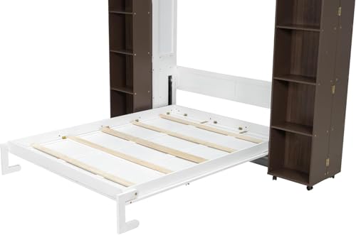 MERITLINE Foldable Hidden Queen Murphy Bed Cabinet with Storage Bookshelf Bookcase, Wood White Murphy Wall Bed with Storage Shelves for Adults (Espresso)