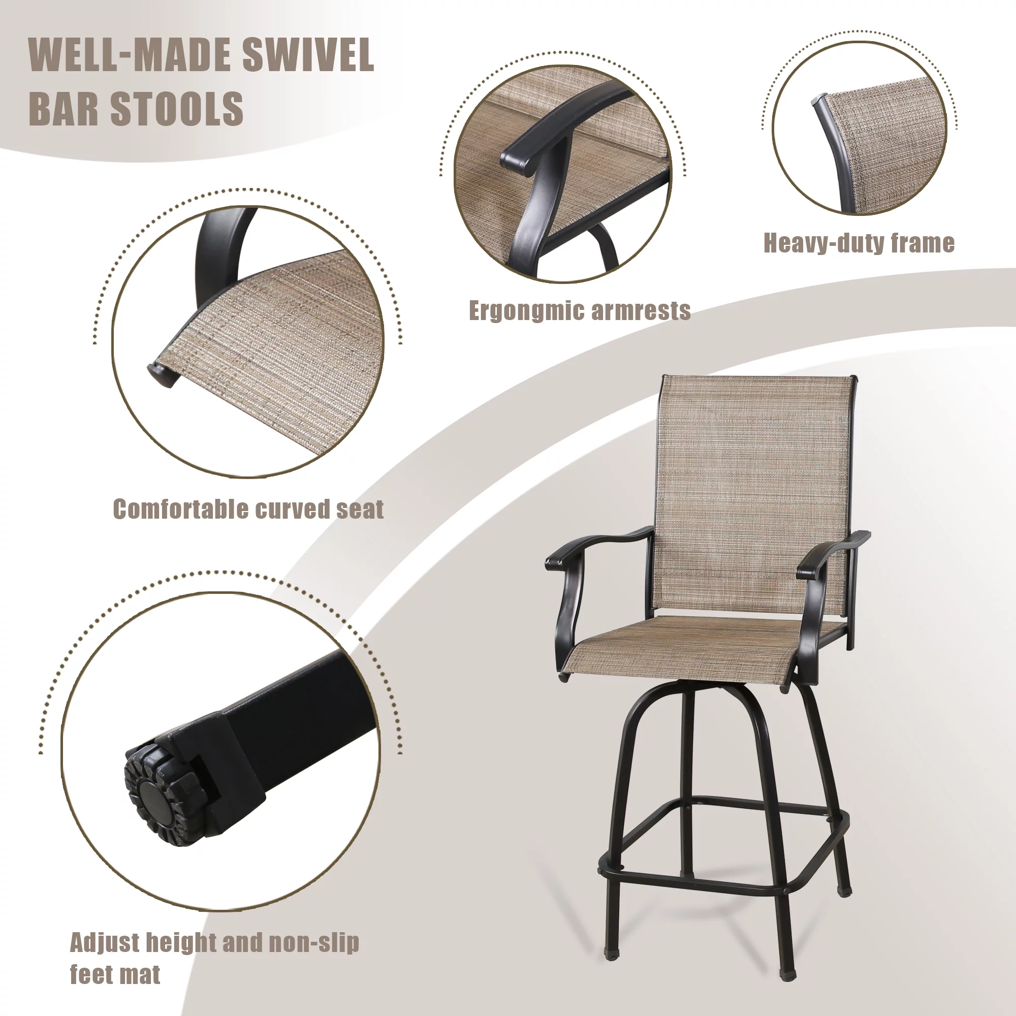 Ulax Furniture 4-Piece Outdoor Swivel Bar Stools, Sling Patio Seating Height Bar Chairs with High Back and Armrest