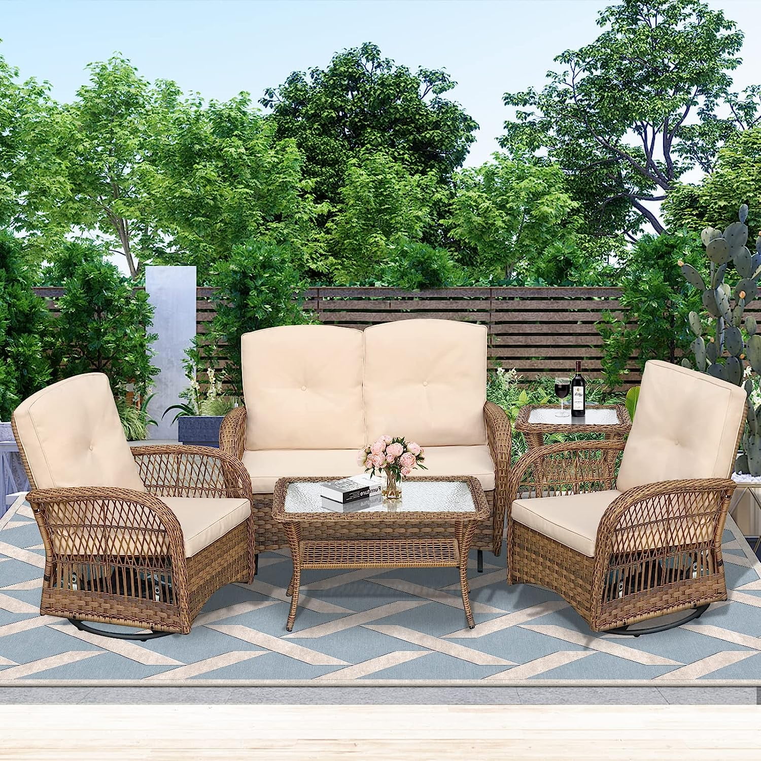 W WARMHOL 5 Pieces Outdoor Furniture All Weather Wicker Patio Conversation Cushioned Sofa Set with Glider Loveseat/2 Swivel Rocking Chairs/2 Matching Glass Coffee Table for Garden, Poolside, Backyard