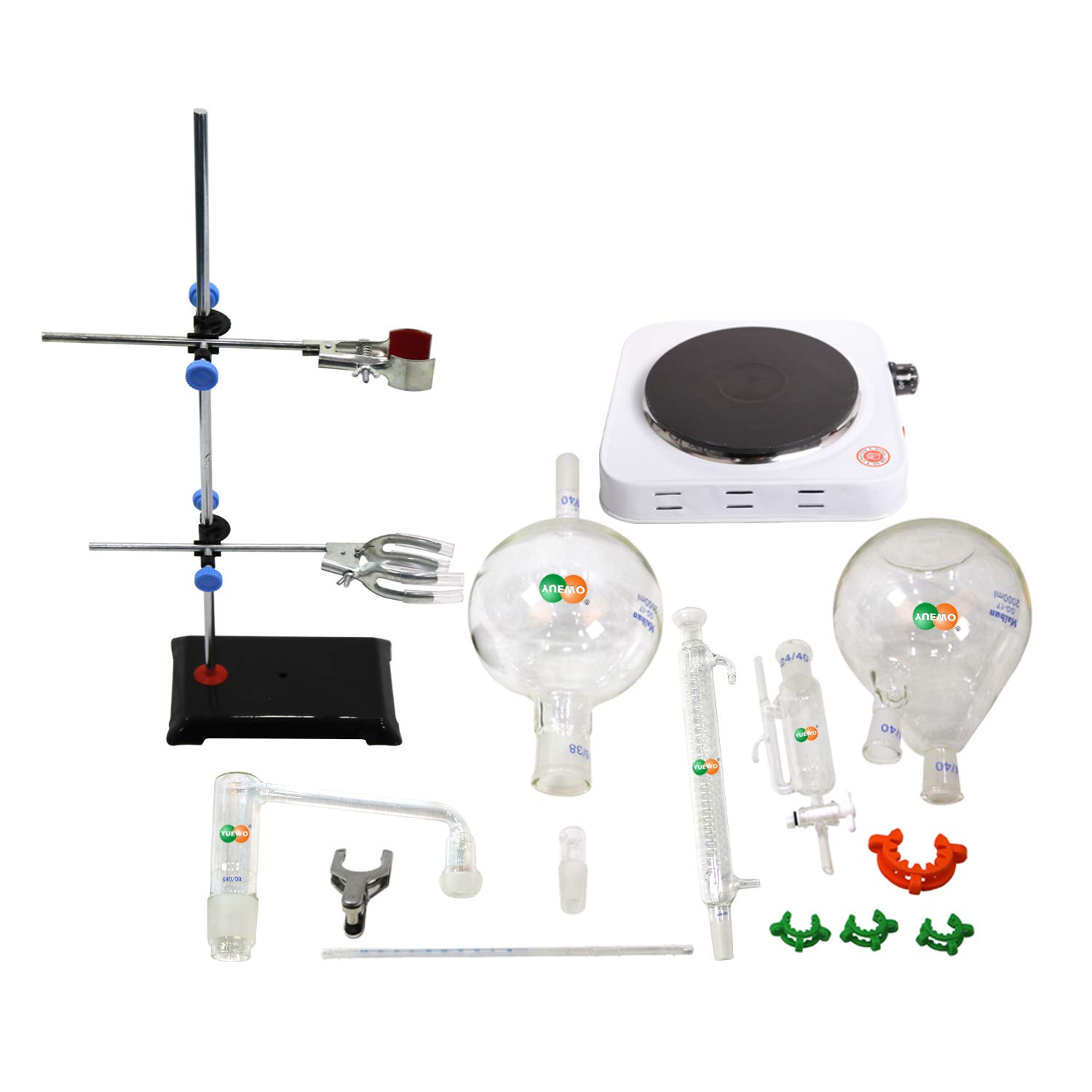 New 2000ml Lab Essential Oil Steam Distillation Apparatus Glassware Kits Water Distiller Purifier w/Hot Stove Graham Condenser S35 and 24/40 Joint