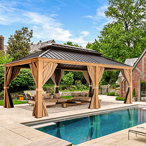 YOLENY 10' x 12' Hardtop Gazebo, Wood-Looking Gazebo with Galvanized Steel Double Roof, Aluminum Frame, Permanent Metal Pavilion with Netting and Curtains for Deck, Backyard, Patio and Lawns