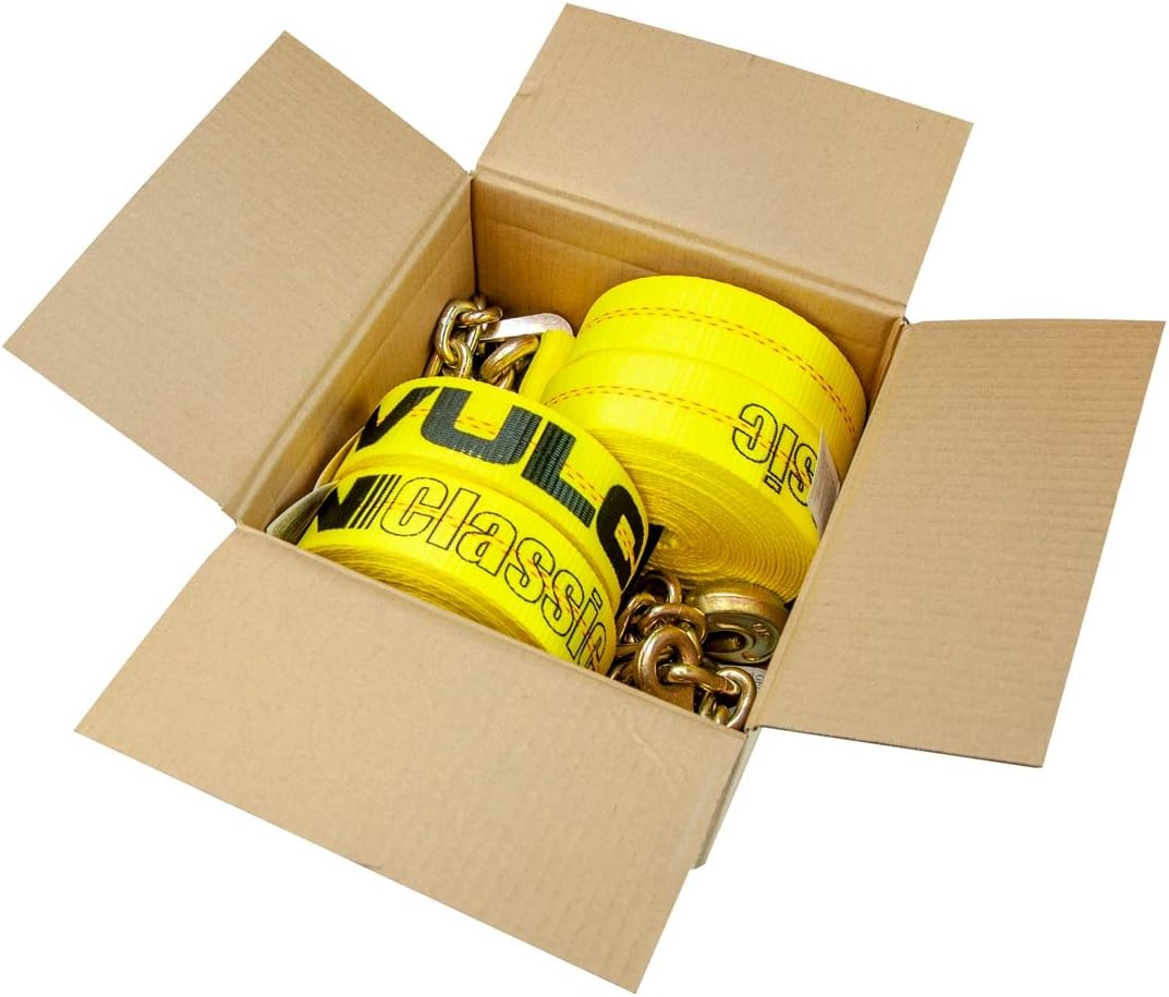 VULCAN Winch Strap with Chain Anchor - 2 Inch x 27 Foot - 4 Pack - Classic Yellow - 3,600 Pound Safe Working Load