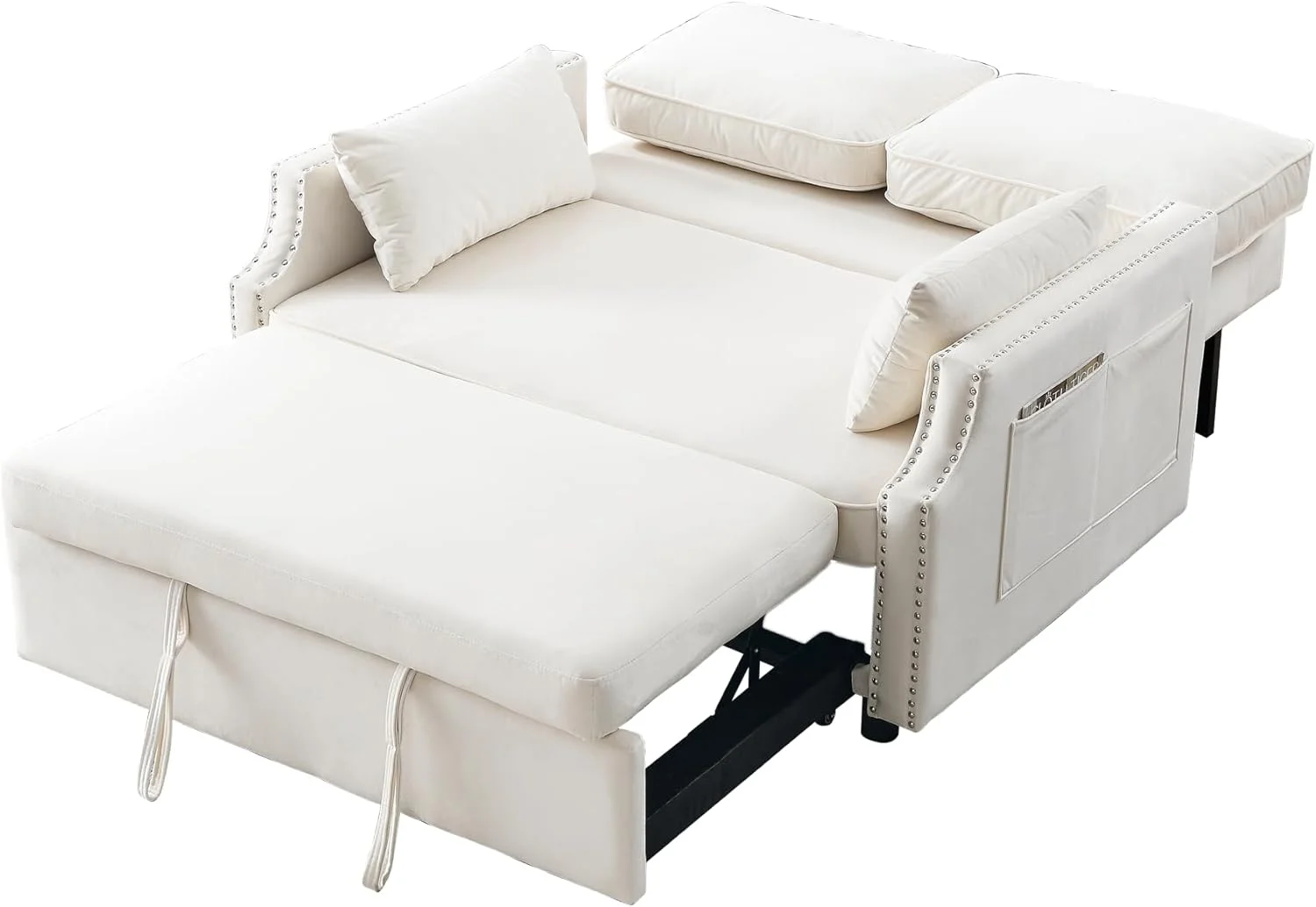 Convertible Sleeper Sofa With Pull Out Bed, 3-In-1 Velvet Small Loveseat With Nailhead Design & Side Storage Pockets, 2 Seat Loveseat Sleeper Sofa Bed For Small Space, Living Room