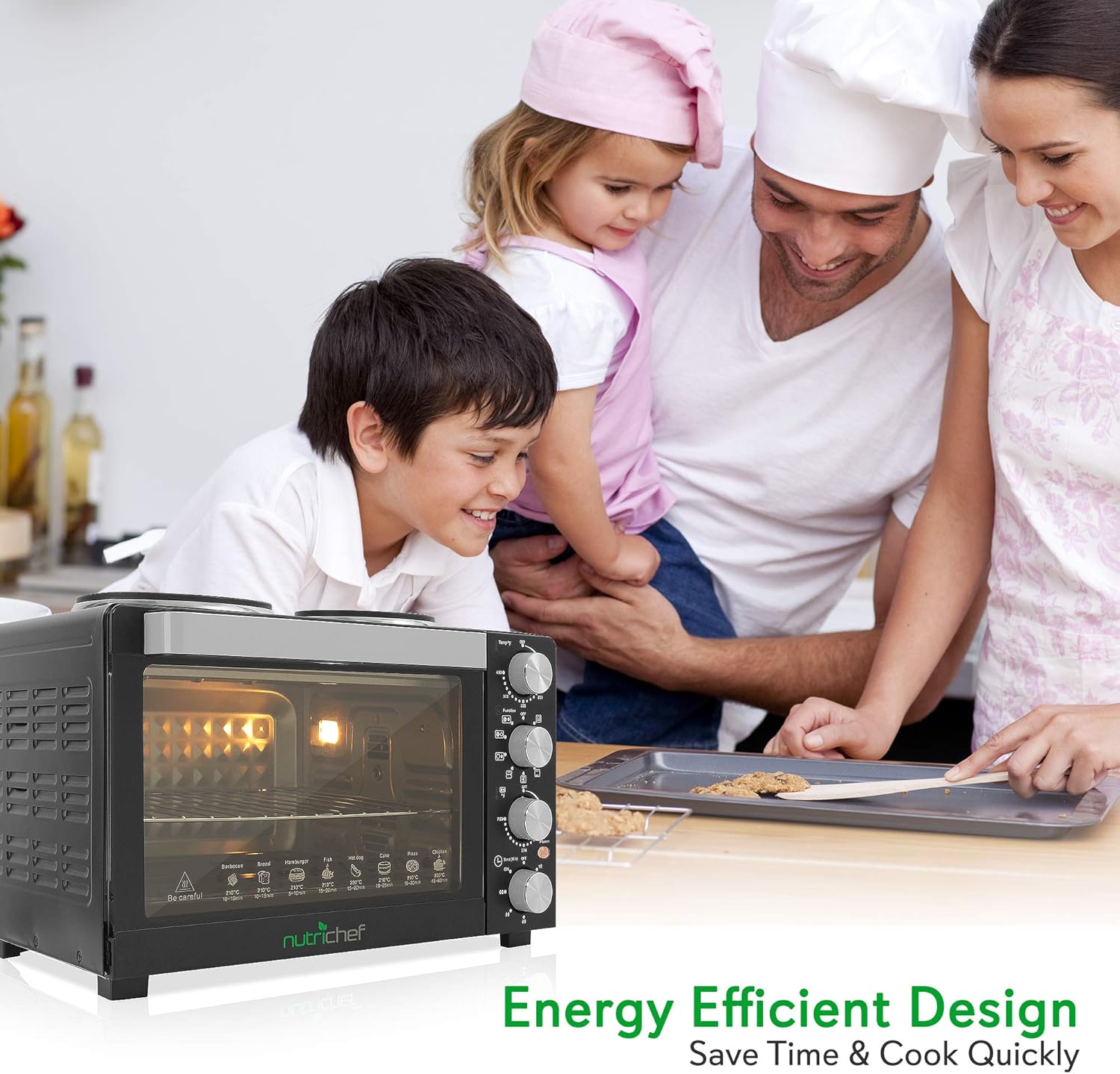 Nutrichef 30 Quart Kitchen Convection Oven & 2 Burner Cooker - 1500 Watt Oven - 7 Cook Functions Rotisserie, Cook, Bake, Broil & More - Includes Baking Tray, Skewers & Handles - 19.6 x 16.0 x 13.5 IN