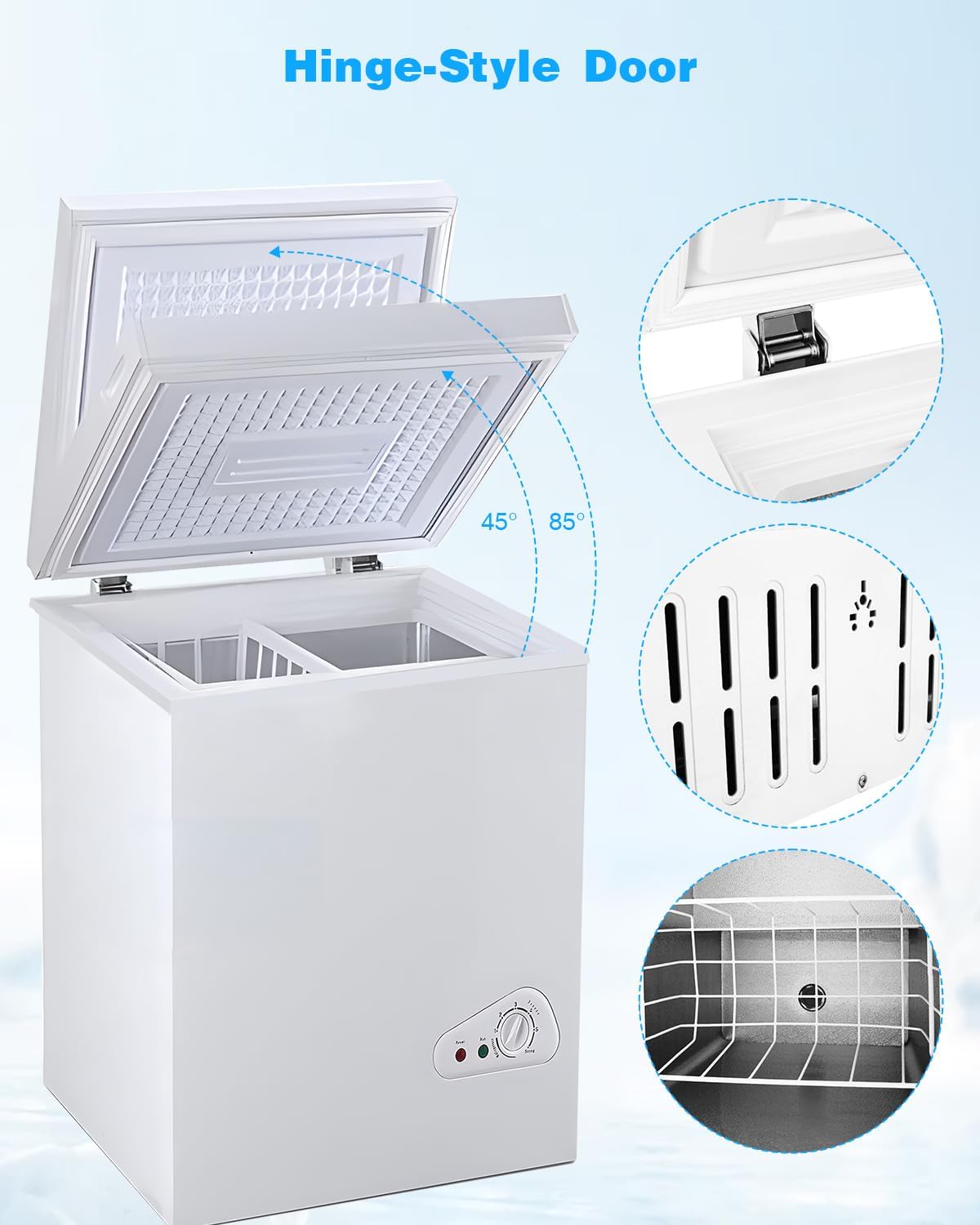 Compact Chest Freezer, 3.5 Cu.Ft. Deep Freezer with Basket, 6 Level Adjustable Temperature, Top Door Mini Freezer White
