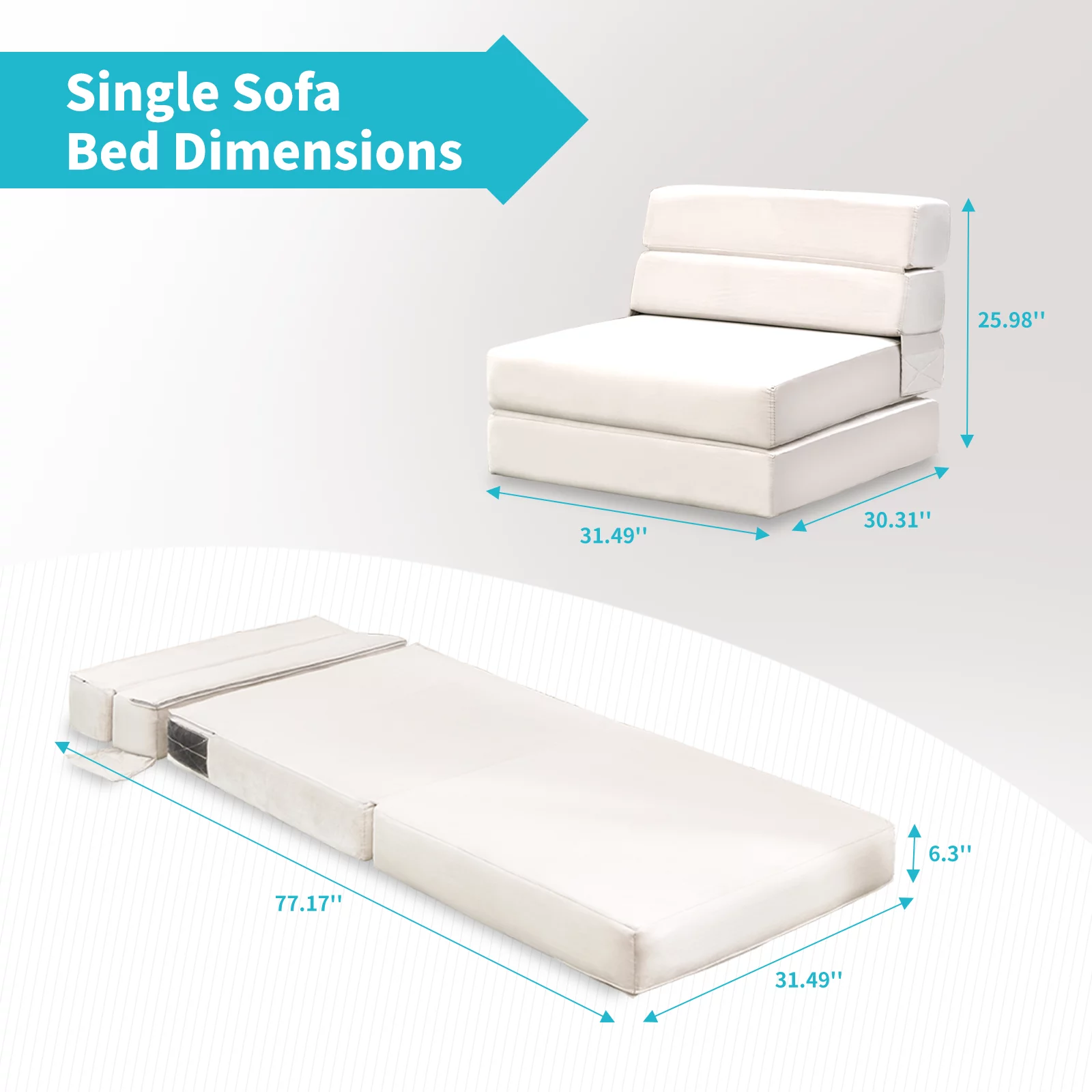 MUZZ Modern Convertible Single Sofa Bed, Folding Futon Flipped Lounger Sleeper with High Density Foam and Short Plush Fabric for Living Room/Small Space(Beige)