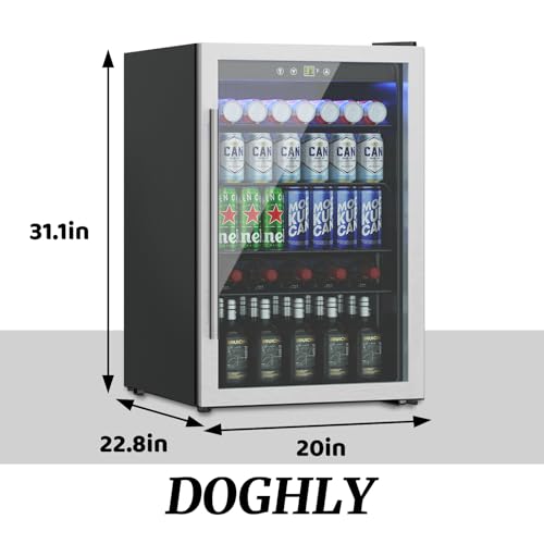 DOGHLY Beverage Refrigerator and Cooler, Mini Fridge with Glass Door, Digital Temperature Display for Soda, Beer or Wine For Office or Bar with Adjustable Removable Shelves