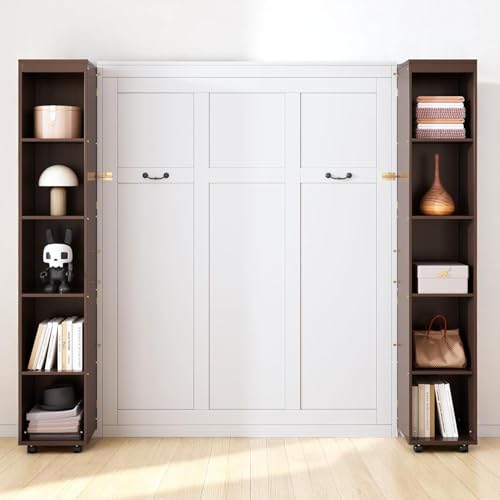 MERITLINE Foldable Hidden Queen Murphy Bed Cabinet with Storage Bookshelf Bookcase, Wood White Murphy Wall Bed with Storage Shelves for Adults (Espresso)