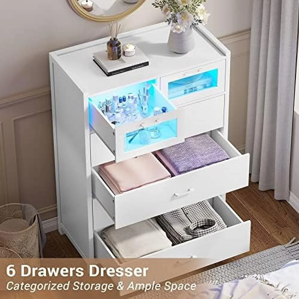 HOOMHIBIU Black Dresser for Bedroom  6 Drawer with LED Lights  Tall Wood Chest of Drawers  Modern Double Organizer  Large Capacity  Cabinet Entryway 6 Drawers-Tall