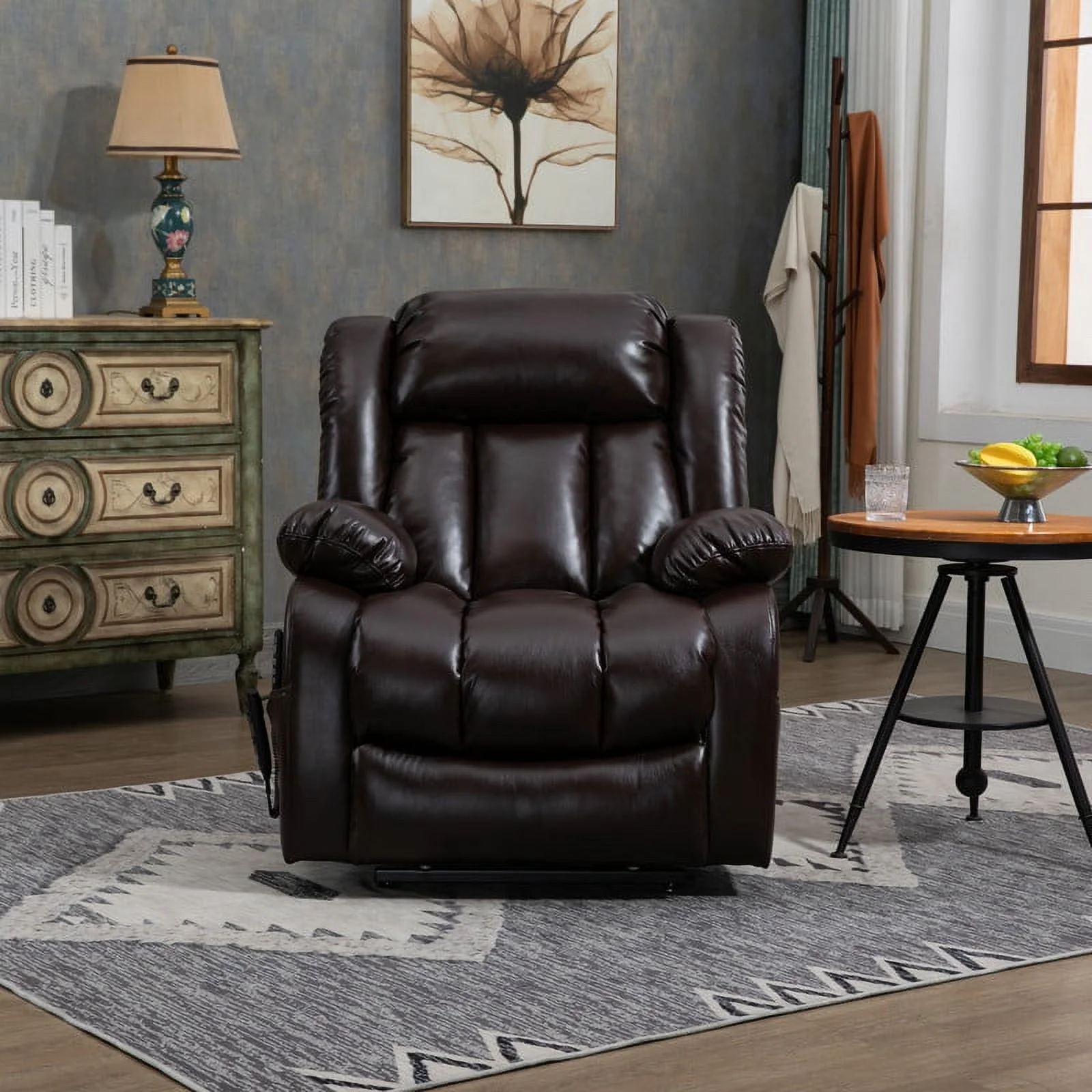 Oversized Dual Motor Lay Flat Power Lift Recliner Chairs for Elderly Adults,Deep Brown Leather Electric Recliners Chair with 8-Point Vibration Massage Lumbar Heating,2 Side Pocket,23" Seat Width