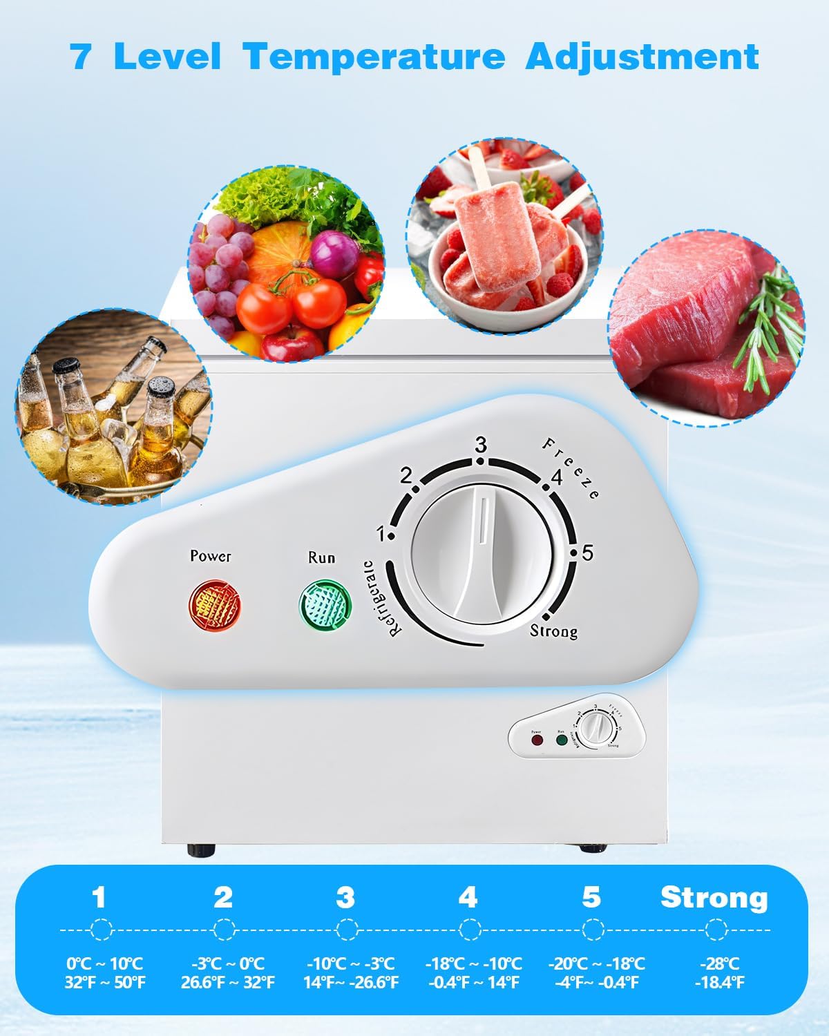3.5 Cu.Ft Deep Compact Freezer, Chest Freezer with a Removable Basket 7 Gears Adjustable Temperature Control(-18°F to -46°F) for Garage, Office, Basement, House, Kitchen, Shop, RVs-White