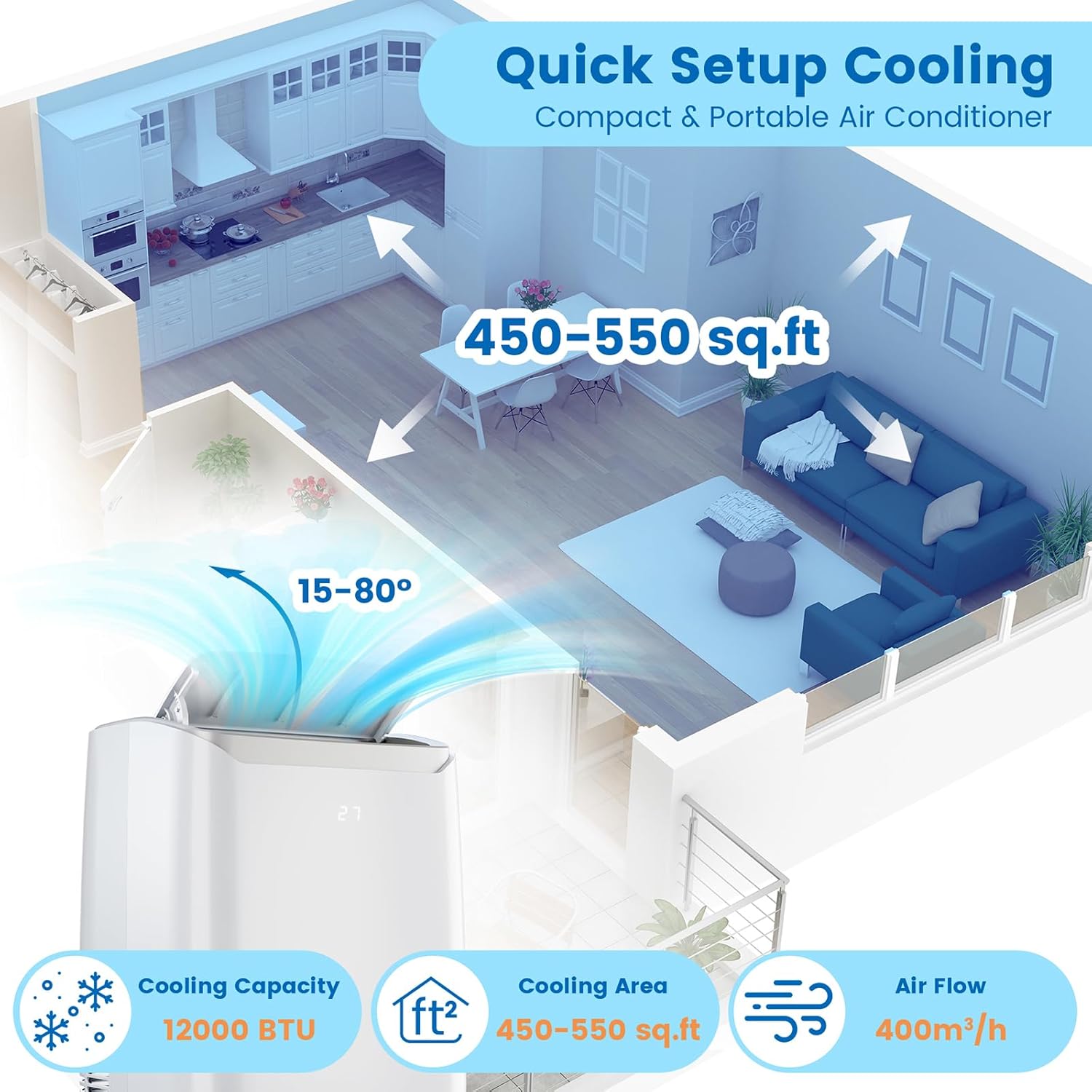 Acekool 12000 BTU Portable Air Conditioner, Portable AC for Room up to 550 Sq.Ft, 3-in-1 Functions/Digital Display/24 Hrs Timer/Caster Wheels with Remote Control for Home/Office/Dorms