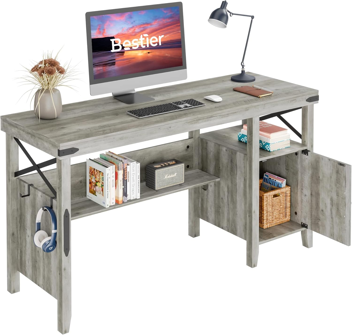 Bestier Farmhouse Computer Desk with Storage Cabinet, 55 Inch Home Office Table with Bookshelf, Rustic Brown