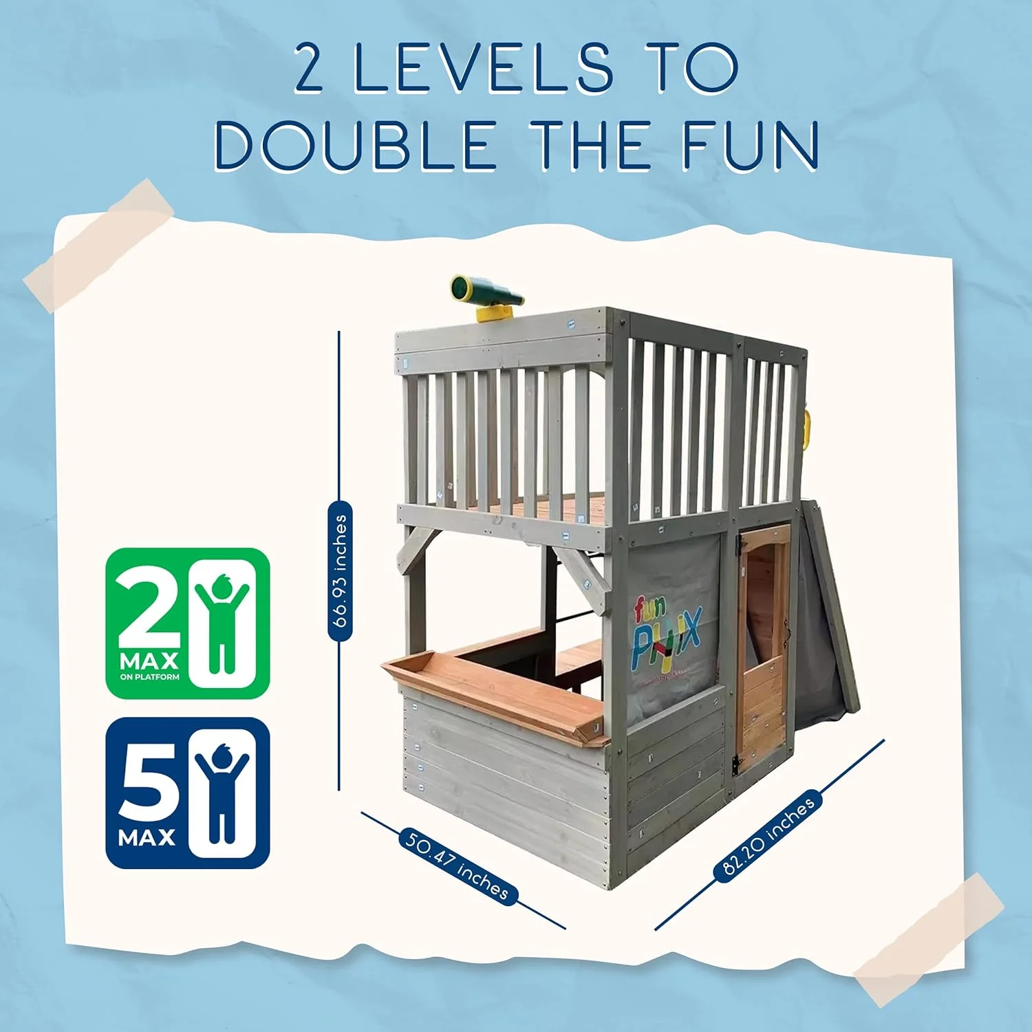 Large Playhouse for Kids Outdoor - Funphix Wooden Playhouse with Sandbox, Bench, Play Telescope, Ladder, Climbing Ramp & Doors - Durable 2 Levels Lookout Post Outdoor Playset for Backyard