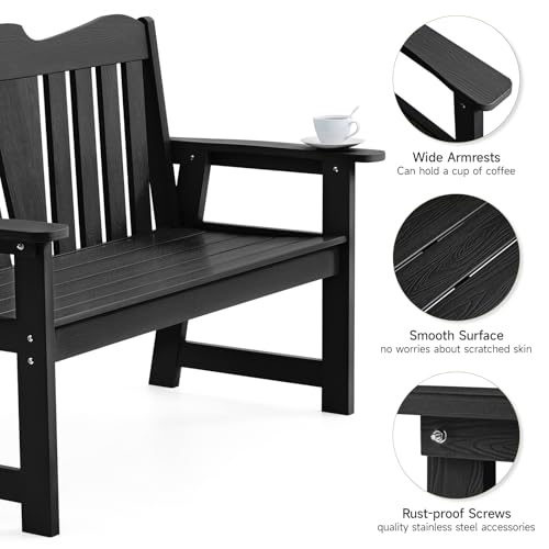 Outdoor Bench, 2-Person Weatherproof Garden Bench with Wide Armrests and Backrest, All-Weather Patio Bench Will not Rot and Fade for Garden, Porch, Backyard and Park, Easy Installation, Black