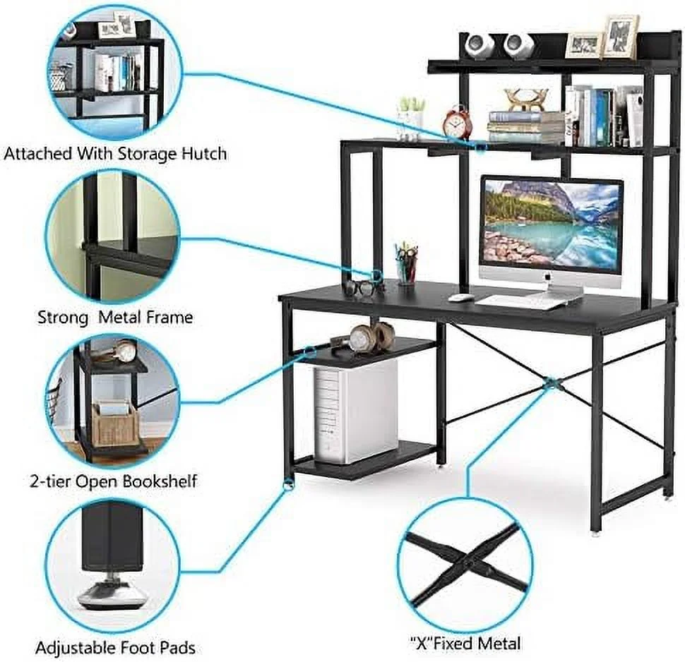 Computer Desk with Shelves and Hutch  47 Inch  Office Desk with  Bookshelf CPU Stand  PC Laptop Workstation Writing Study Table for Small Space  Space-Saving Desk (Black)