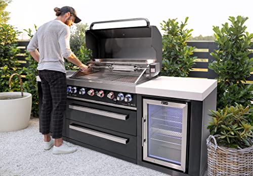 Mont Alpi Stainless Steel Island Outdoor Kitchen Gas Barbecue Grill w/Wine Cooler Compact Refrigerator Beverage Center + Granite Countertops & Sides