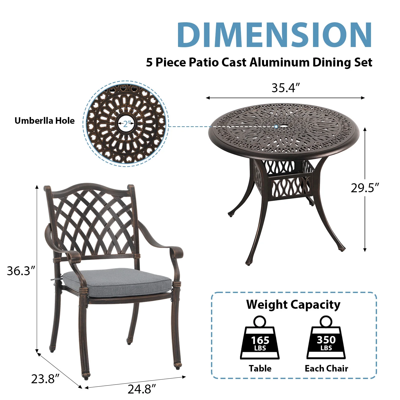 5 Piece Patio Dining Set, Rust-Resistant Cast Aluminum Patio Conversation Set, Outdoor Furniture Patio Table and Cushioned Chairs with Umbrella Hole, Lattice Design Antique Bronze