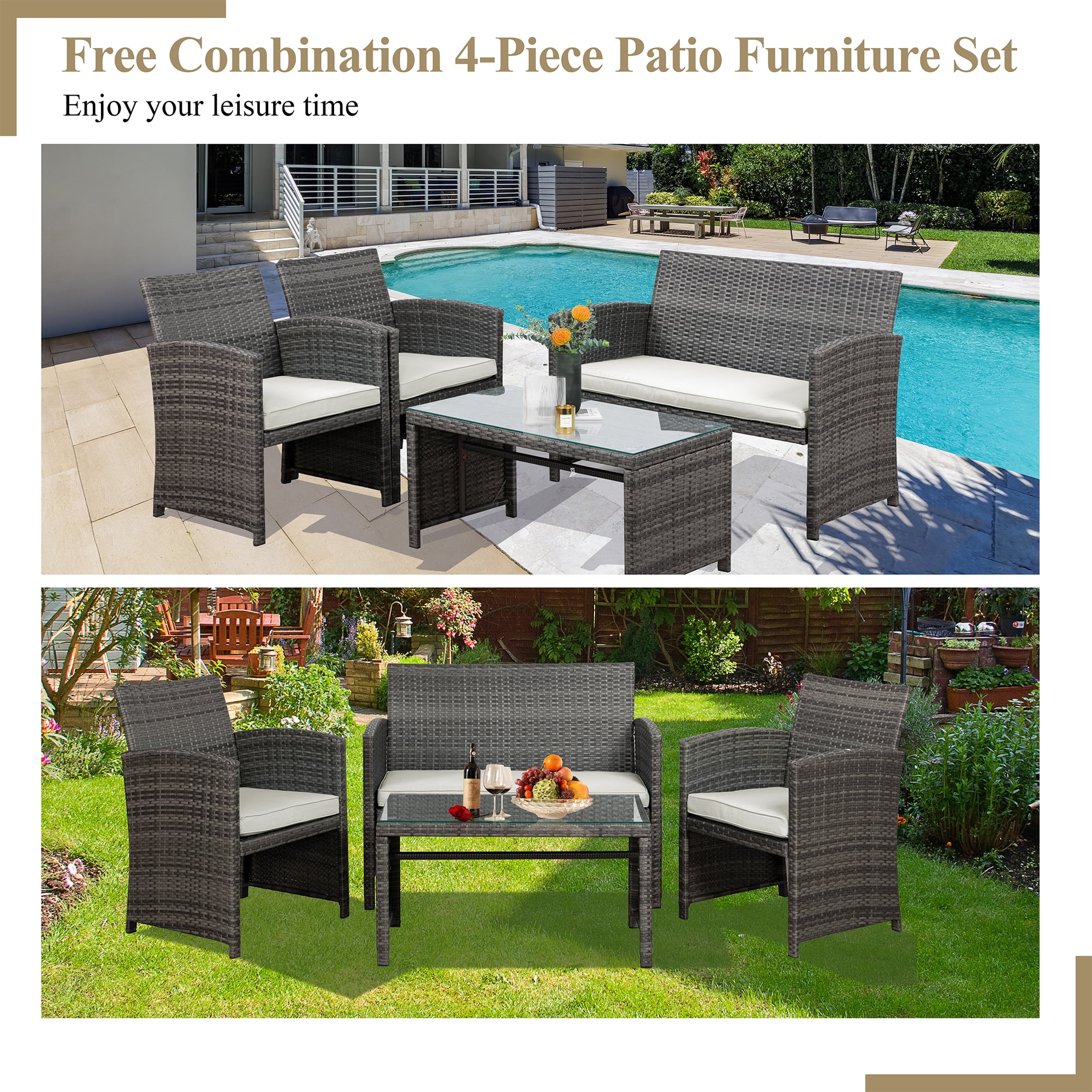 Walsunny 4 Piece Patio Ratten Set Outdoor Furniture Set Wicker Conversation Set with Cushions and Tempered Glass Tabletop