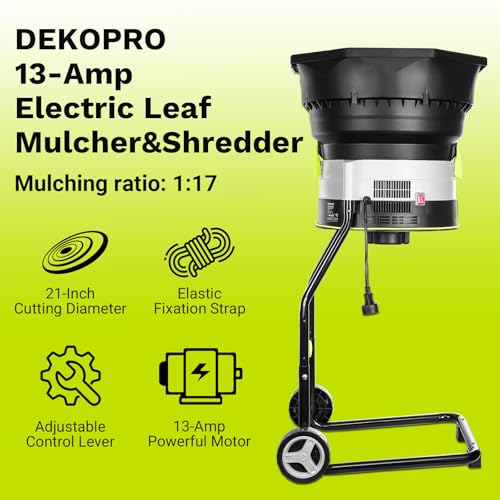 Electric Leaf Mulcher/Shredder: DEKOPRO 13-Amp 8200RPM Motor for 17:1 Reduction Ratio, Adjustable Control Dia with Leaf Scoops Spade and 20 Cutting Lines
