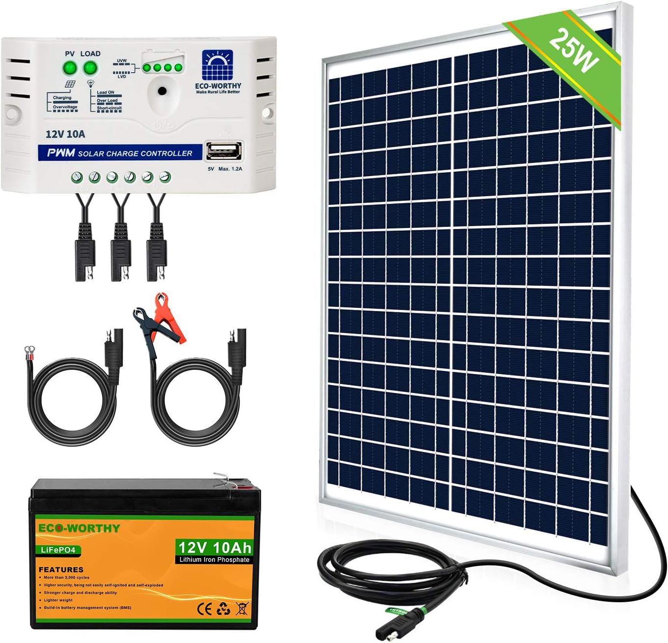 ECO-WORTHY 25 Watts 12V Off Grid Solar Panel SAE Connector Kit: Waterproof 25W Solar Panel + SAE Connection Cable +10A Charge Controller for Car RV Marine Boat 12 Volt Battery