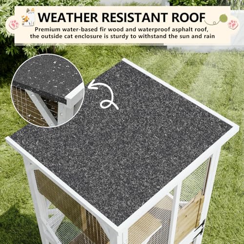 LEMBERI Cat House Outdoor Catio Cat Enclosures on Wheels, 71" Large Outside Patio Wooden Cat Cage Resting Box,Scratching Post, Waterproof Roof (Gray, 71")