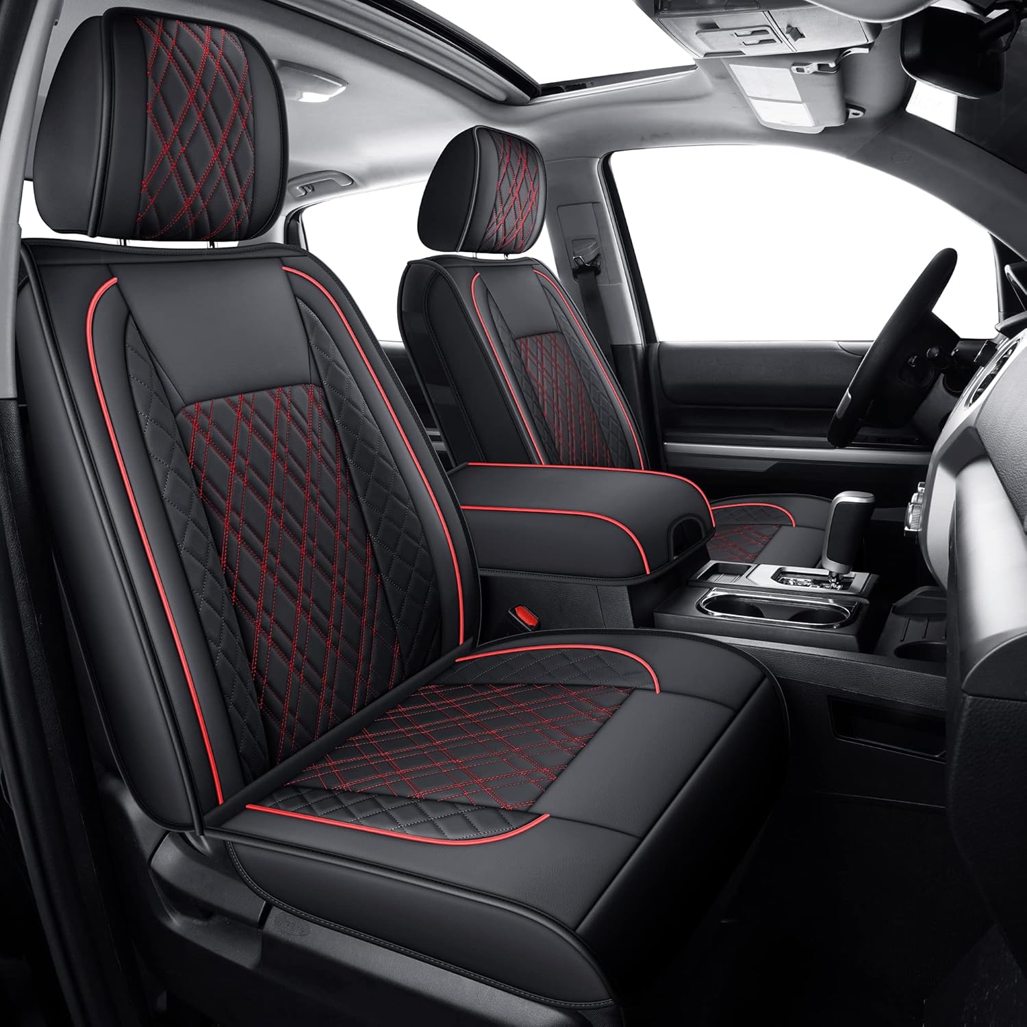 LUCKYMAN CLUB Tundra Seat Covers for Front and Back Seats of 2014-2021 Crew Cab/ Crewmax/ Double Cab with Faux Leather (Black& Red)