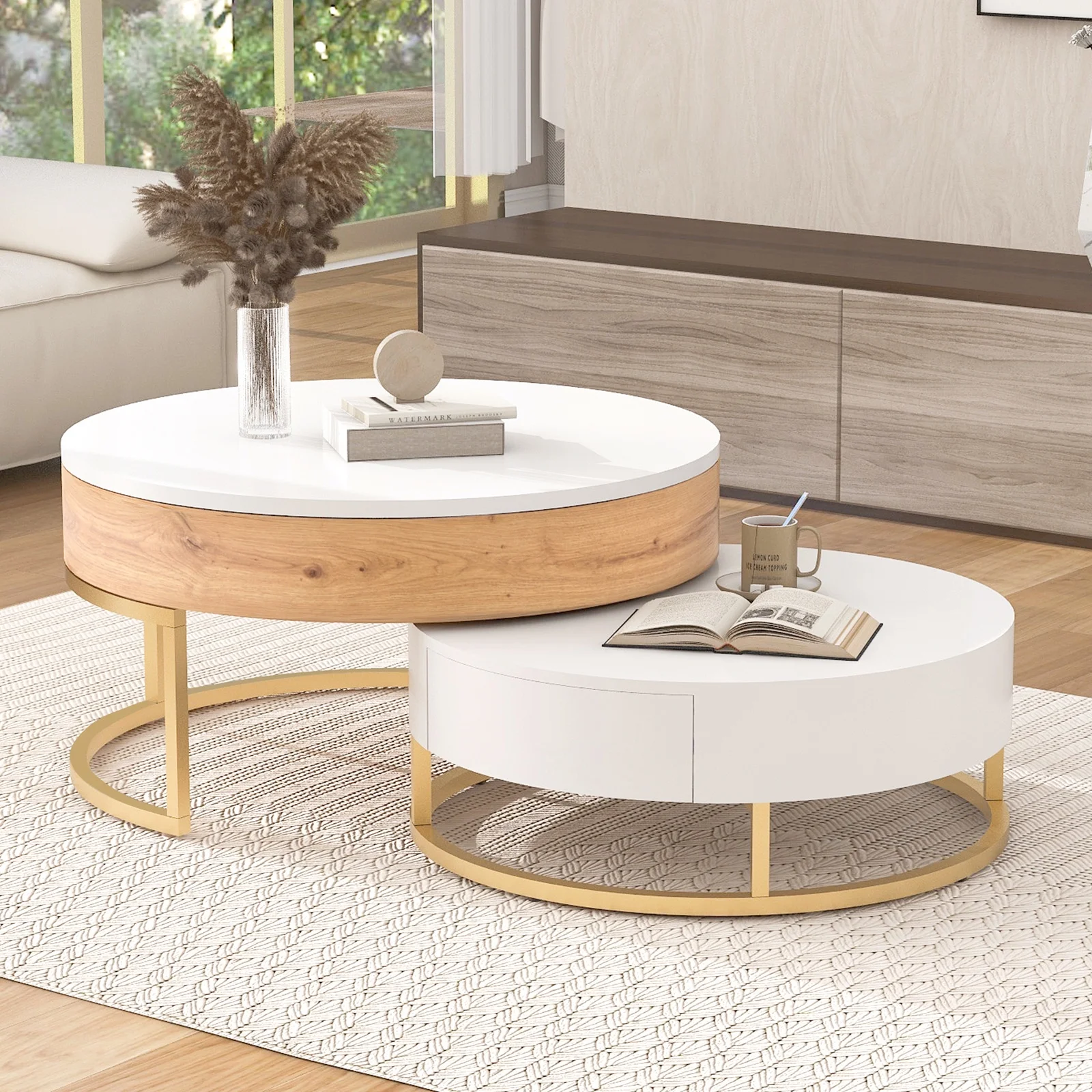 YISUYA Modern Round Lift-top Nesting Coffee Tables with 2 Drawers, Multifunctional Coffee Table, Lift Top Coffee Table, Center Table for Living Room, Home, Office, Oak Natural Wood + Antique White