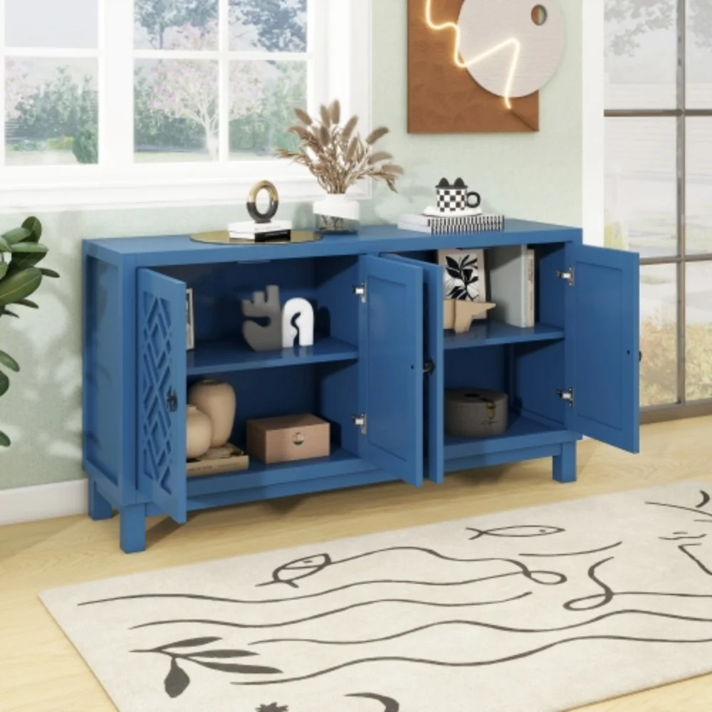 TREXM Large Storage Space Sideboard, 4 Door Buffet Cabinet with Pull Ring Handles for Living Room, Dining Room (Navy)  Navy + MDF