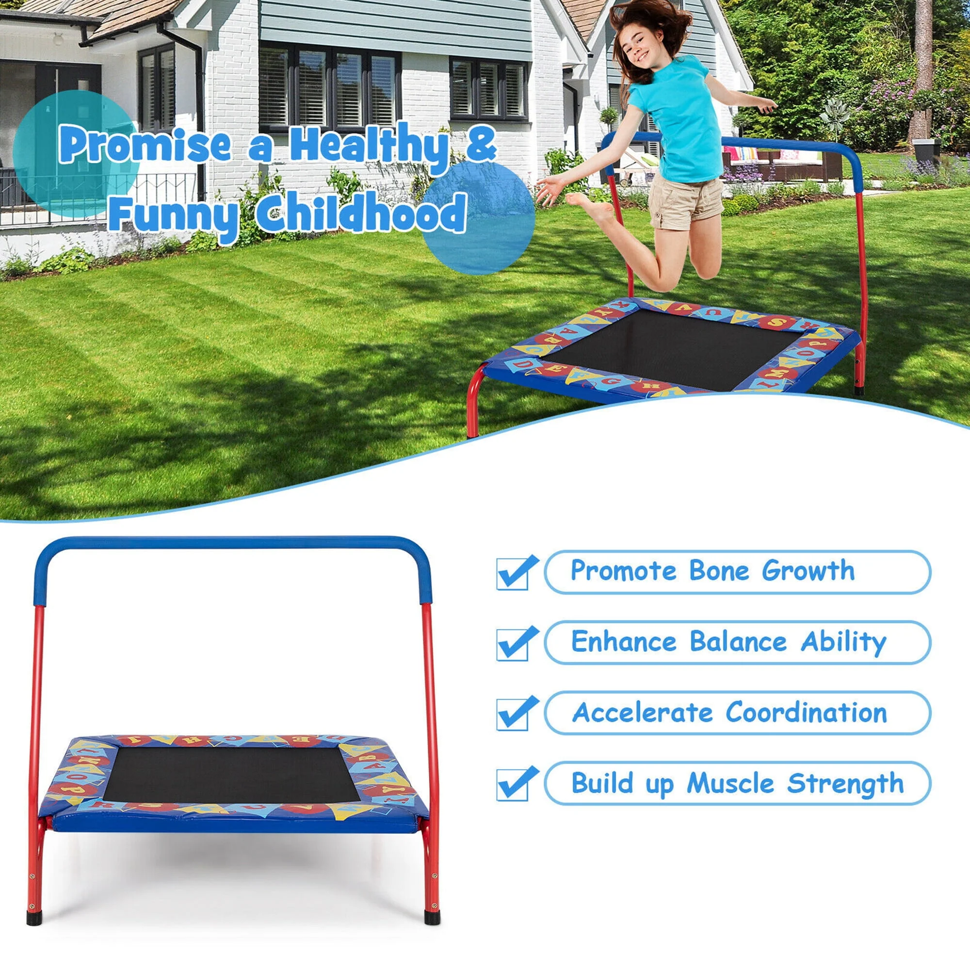 Gymax 36'' Kids Square Trampoline Indoor Outdoor Rebounder W/Foam Handrail Alphabet Pad