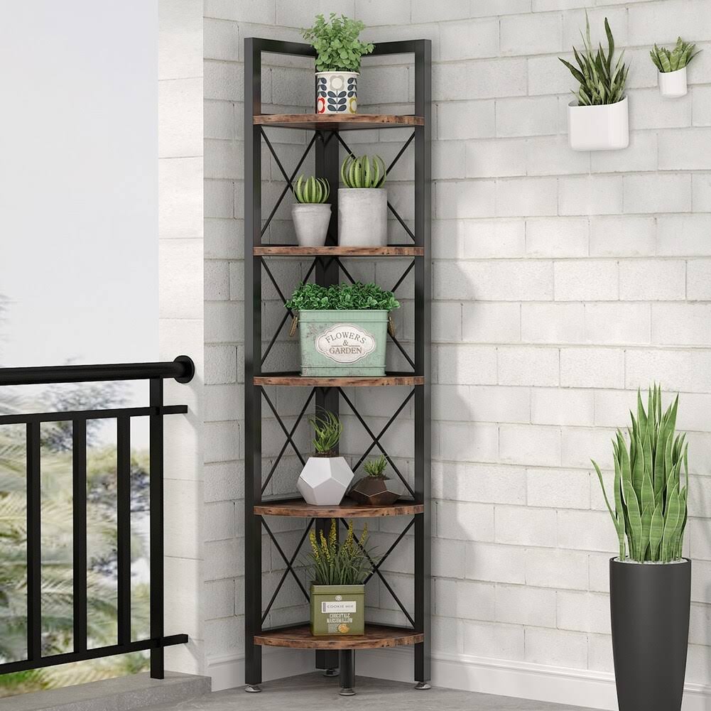5-Tier Corner Shelves, 5 Shelf Corner Bookshelf and Bookcase - Black