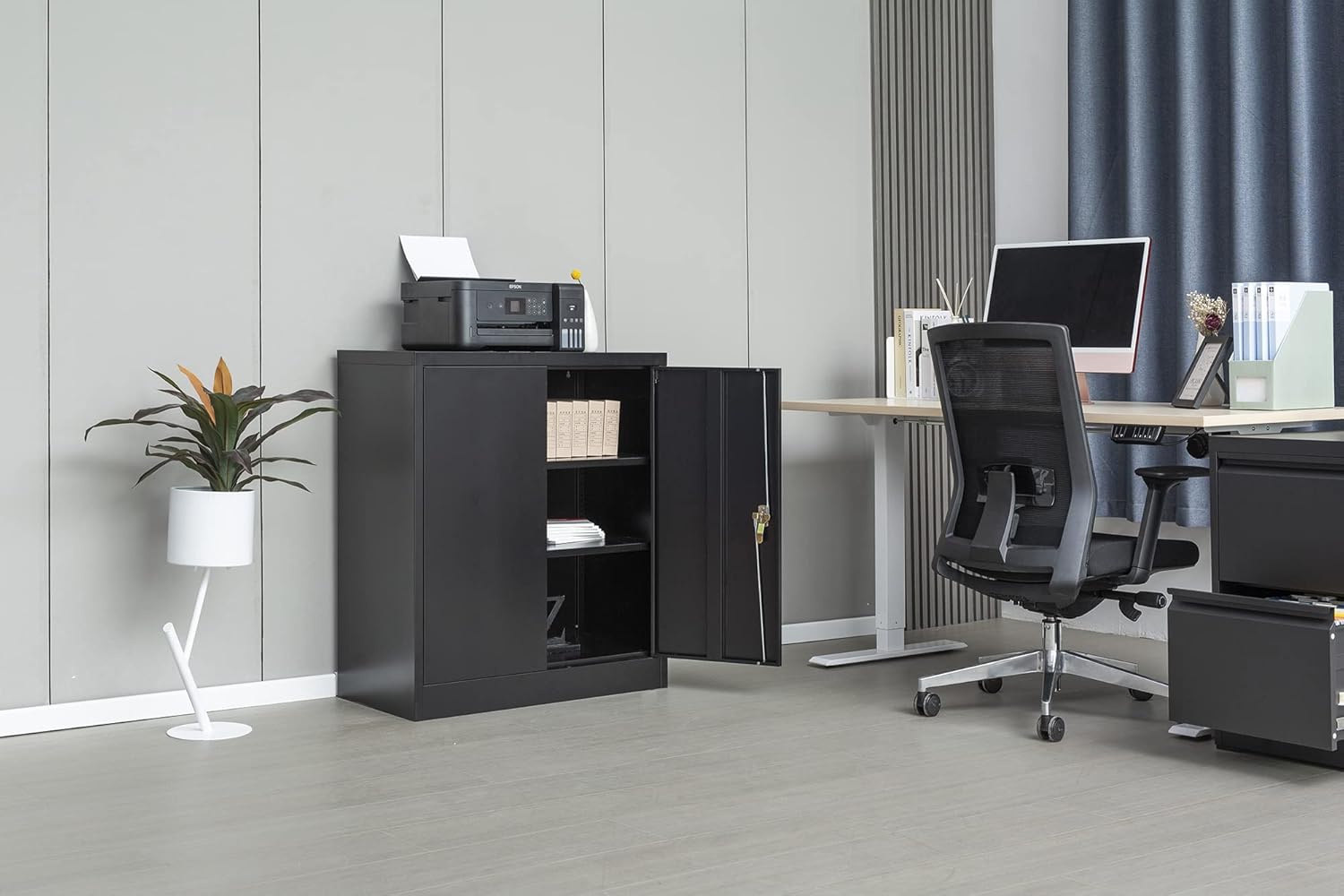 Metal Storage Cabinet with 2 Shelves and 2 Doors, Steel Locking Cabinet for Home Office, Garage, Utility Room and Basement, 36.2 H x 31.5 W x 15.7 D (Black)