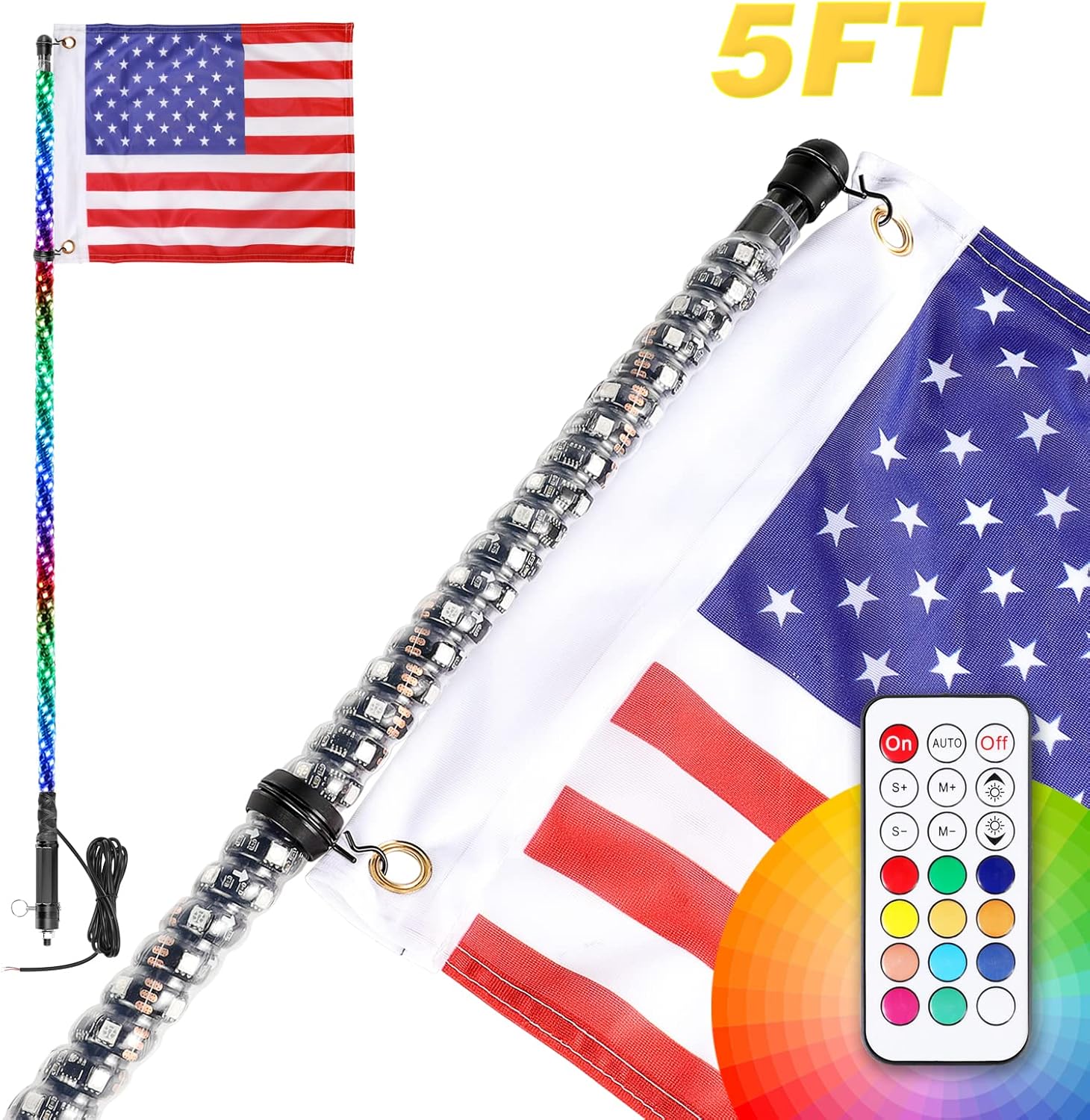 LED Whip Lights, Teochew-LED 2 Pack 5FT RGB Whips Light RGB Chasing Antenna Light Spiral Whip Lights for ATV UTV SXS RZR 4X4 Polaris Truck