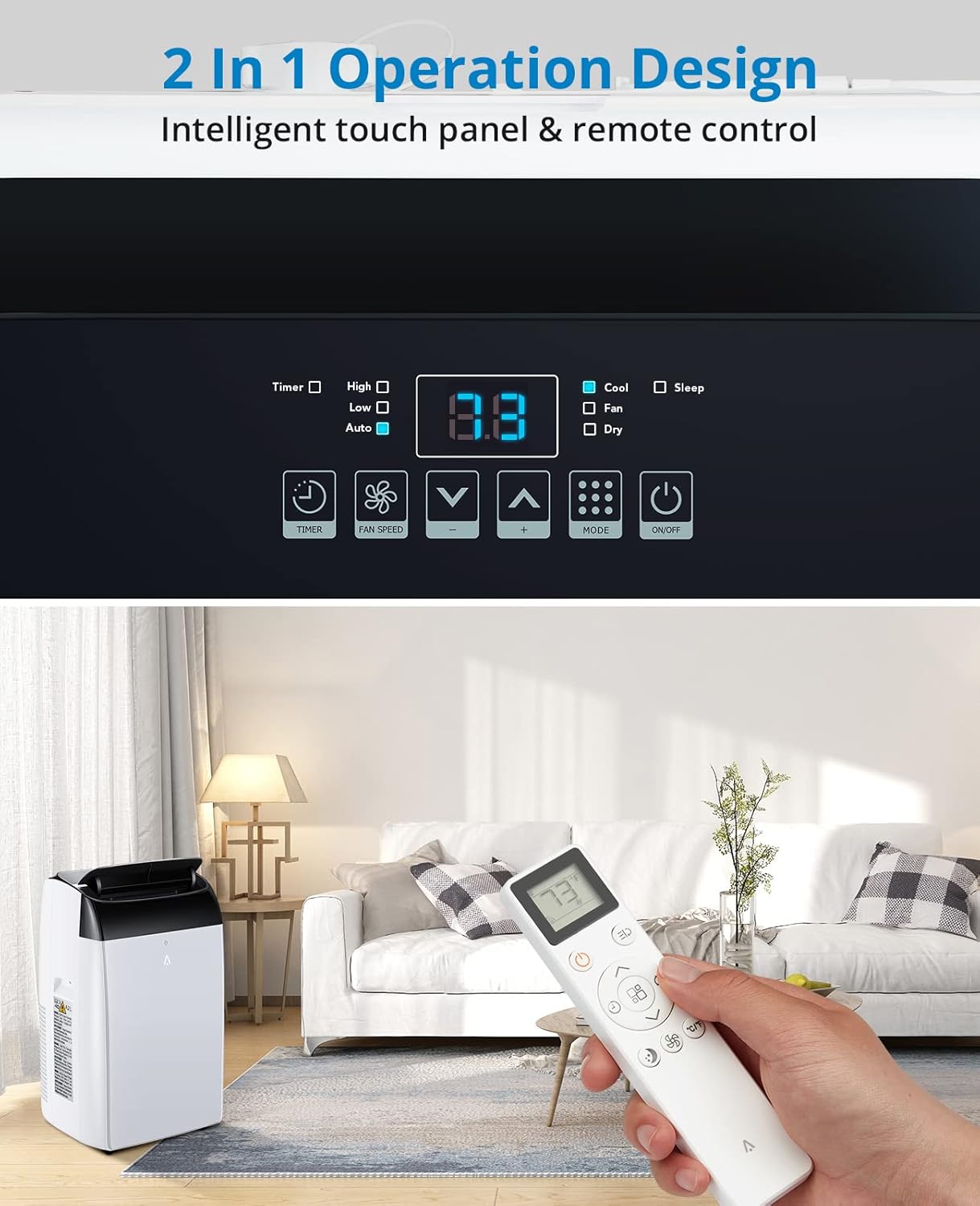 12000 BTU Portable Air Conditioner, Portable AC with Remote Control for Room up to 550 Sq. Ft, Floor Room AC Unit with Cool, Dehumidifier, Fan Mode, Black Top Cover