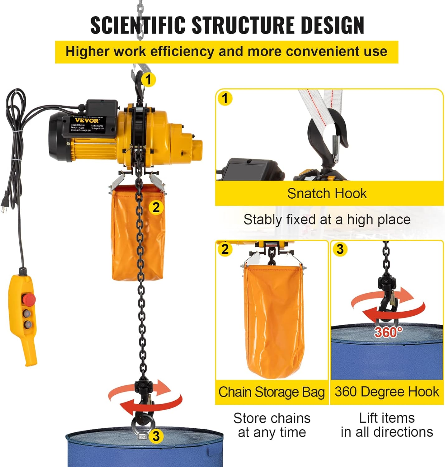 VEVOR Electric Chain Hoist, 1100lbs Winch with 10FT Wired Remote Control, 110V Overhead Crane Garage Ceiling Pulley, 1300W Lifting Power System w/Emergency Stop Switch, 15 Feet Max. Pulling Height