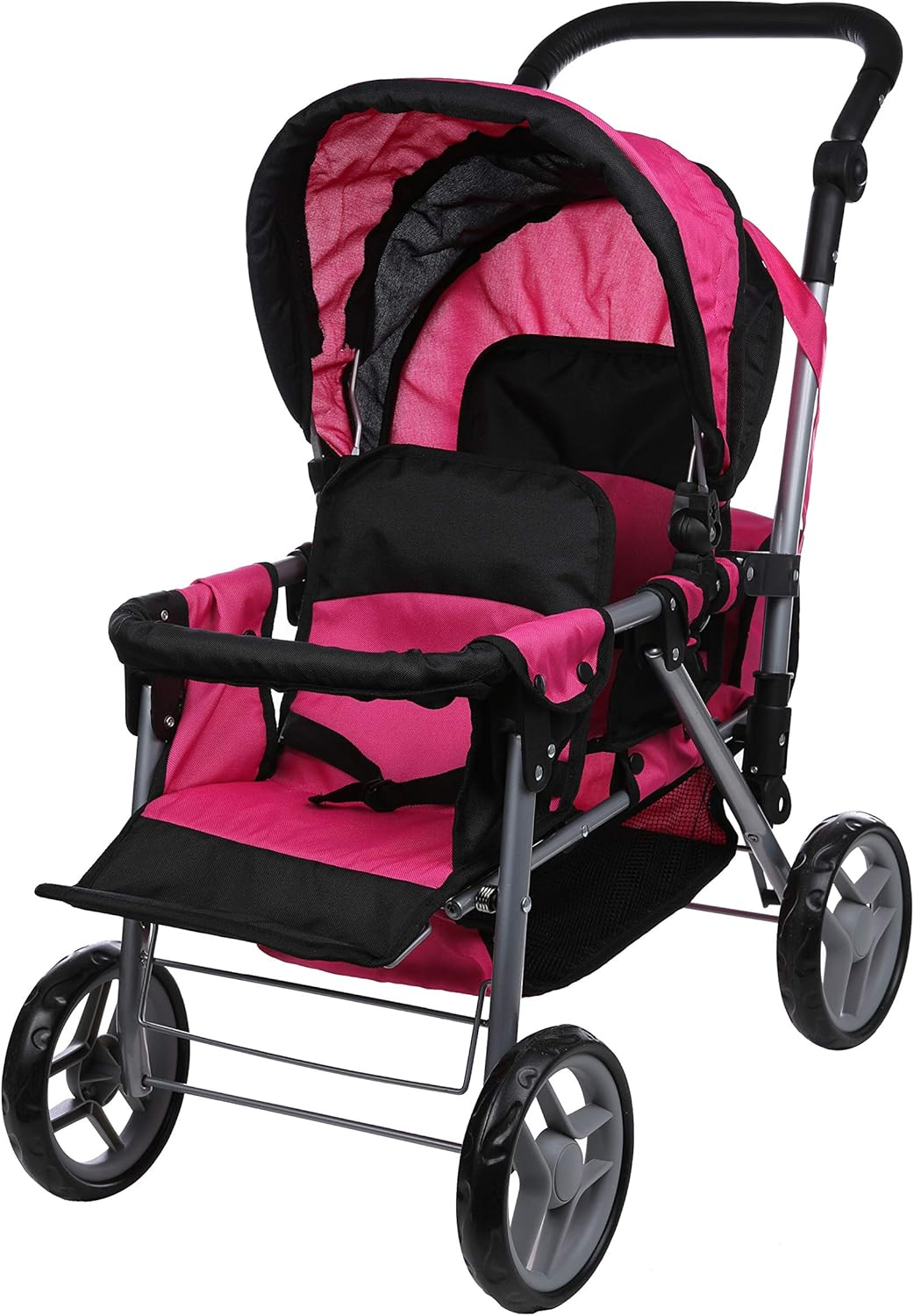 Mommy & Me Twin Doll Stroller Foldable Double Back to Back Doll Pram with Basket, Adjustable Handle, and Free Carriage Bag Hot Pink & Black - 9386