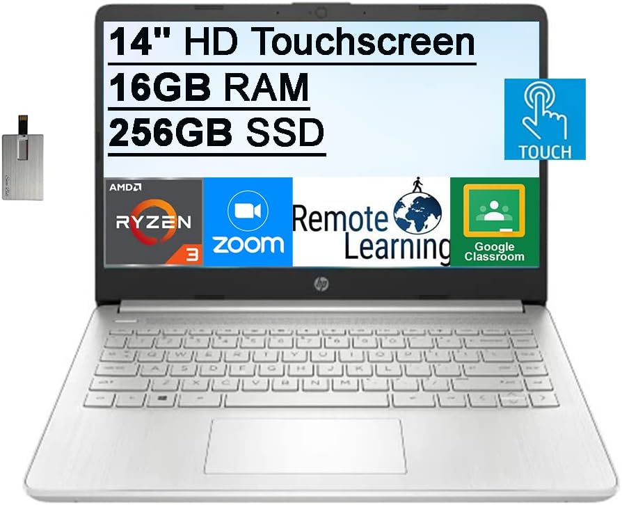 2022 HP 14" HD Touchscreen Laptop Computer, AMD Ryzen 3-3250U Processor, 8GB RAM, 128GB SSD, HD Audio, 720p HD Webcam, AMD Radeon Graphics, Bluetooth, HDMI, Windows 11, Silver, 32GB SnowBell USB Card