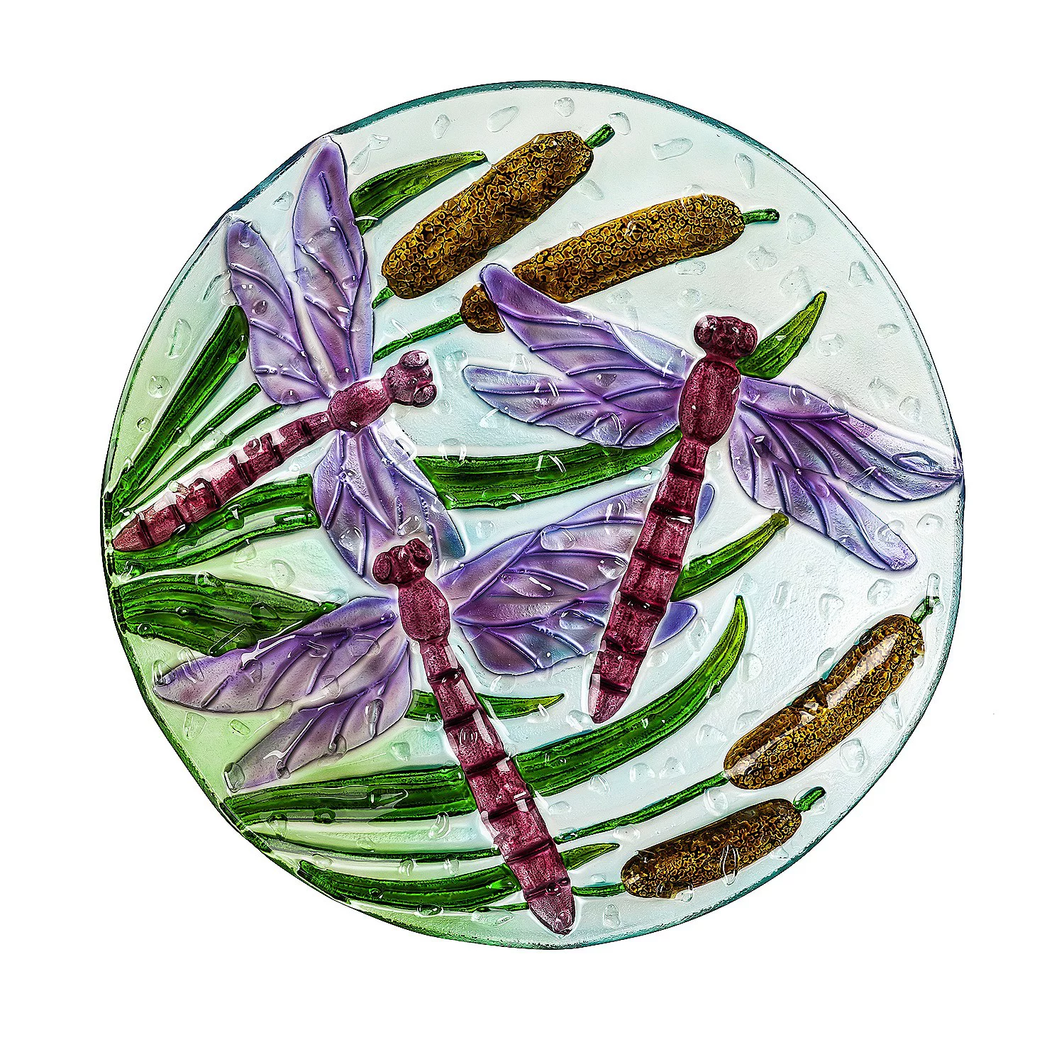 Evergreen 18" Hand Painted Bird Bath with Crushed Glass, Dragonflies over Cattails - Curated Treasures Market
