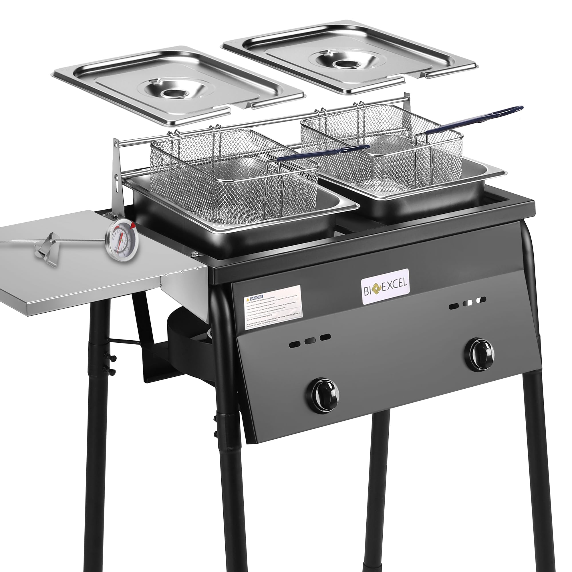 Bioexcel Two-Tank Outdoor Deep Fryer with Thermometer Fish Fryer, CSA Certified Propane Deep Fryer with 2 Stainless Steel Baskets and Lids Gas Deep Fryer with Adjustable Temperature Regulator
