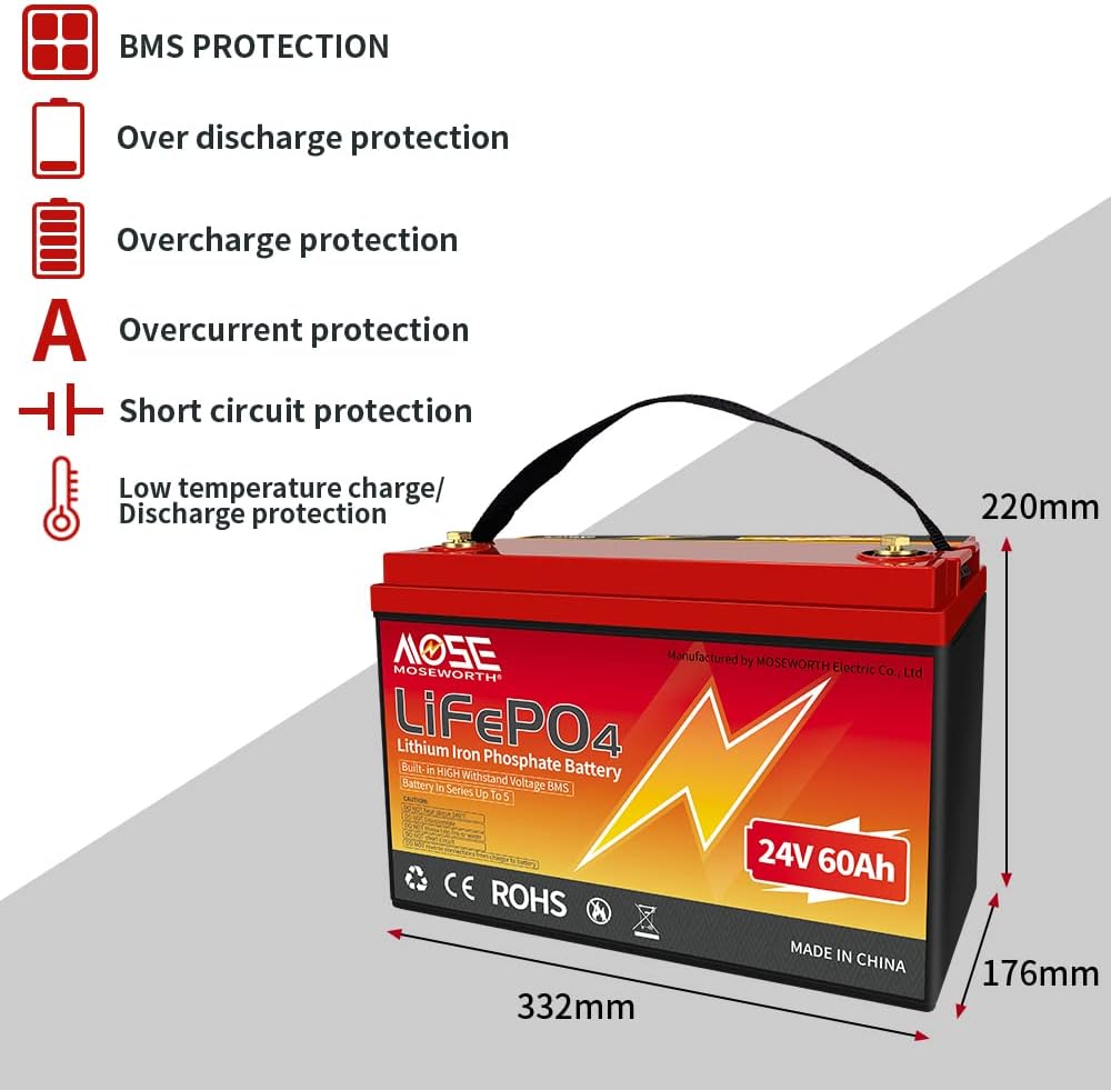 24V Lithium Battery 60Ah Lifepo4 Trolling Motor RV Battery Replacement Built-in BMS Last Longer Replace Your SLA Perfect for Backup Power and Off Grid Applications
