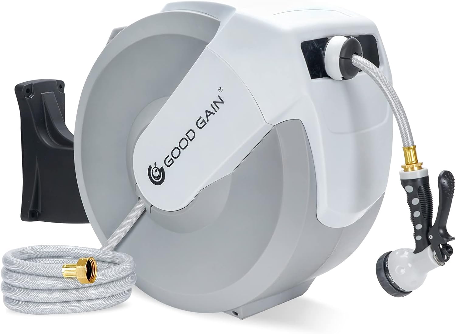 Retractable Hose Reel, 115+7FT Auto Rewind Water Hose, 180&deg;Swivel Bracket Wall Mounted Water Hose Reel, Slow Return System, Any Length Lock, 9 Patterns Hose Nozzle for Yard Watering, Car Wash(White)