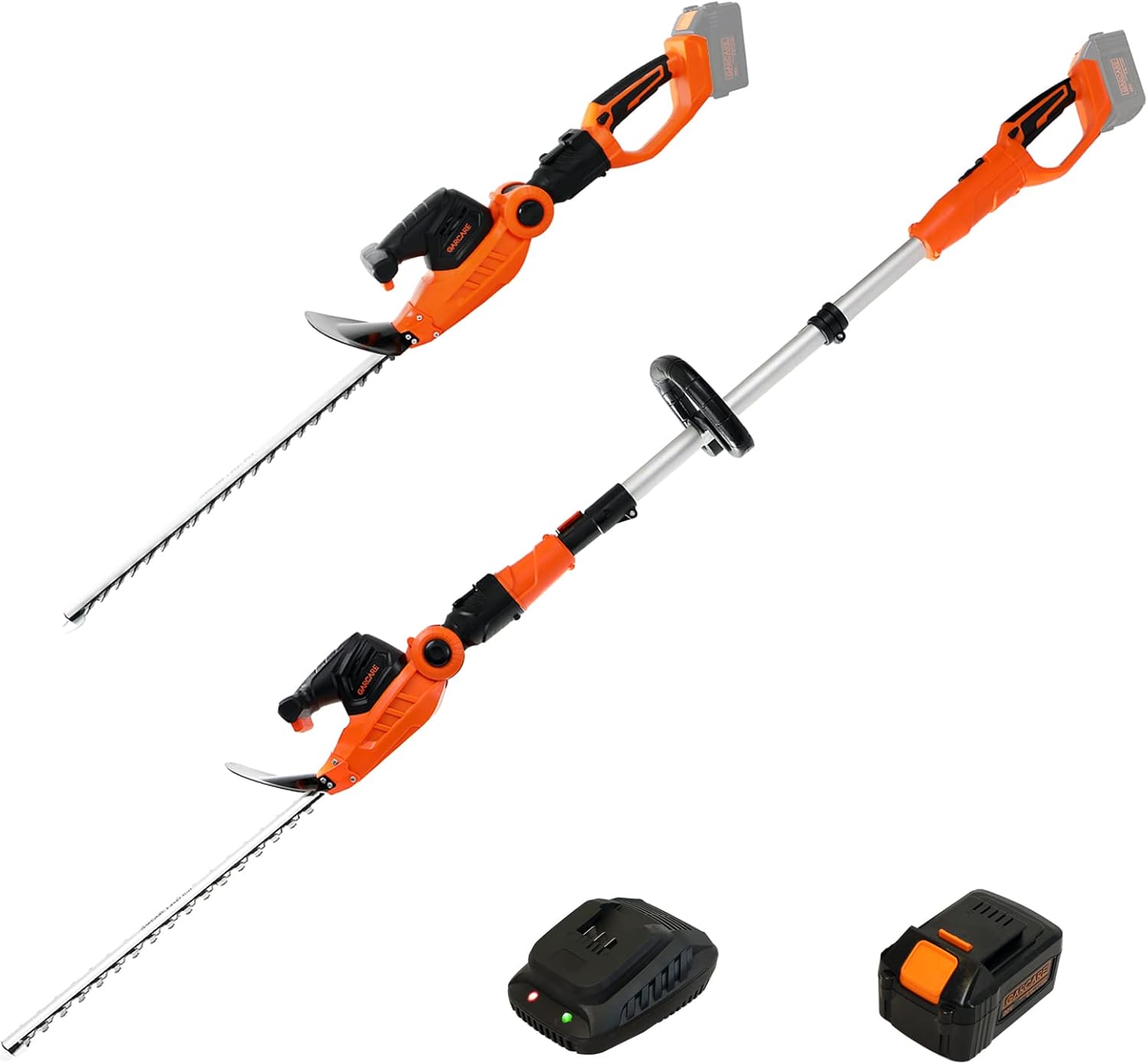 GARCARE Cordless Pole Hedge Trimmer, 2 in 1 Electric Telescopic Hedge Trimmers Long Reach with 20V 4.0Ah Battery and Quick Charger (20inch Cutting Blade Length,3/4inch Cutting Capacity, 1200rpm)