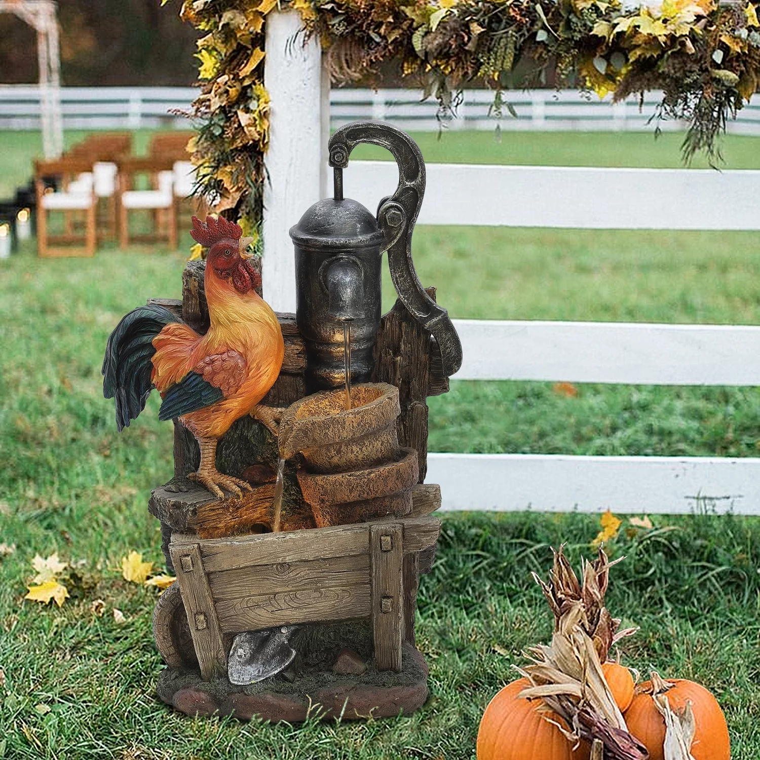 LuxenHome Farmhouse Pump and Rooster Resin Outdoor Fountain with LED Lights