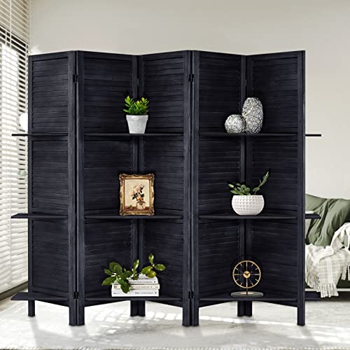 Room Divider with Shelves, Privacy Screen, Room Dividers and Folding Privacy Screens, 5 Panel Wood Temporary Wall Partition Separation Separator, Coconut