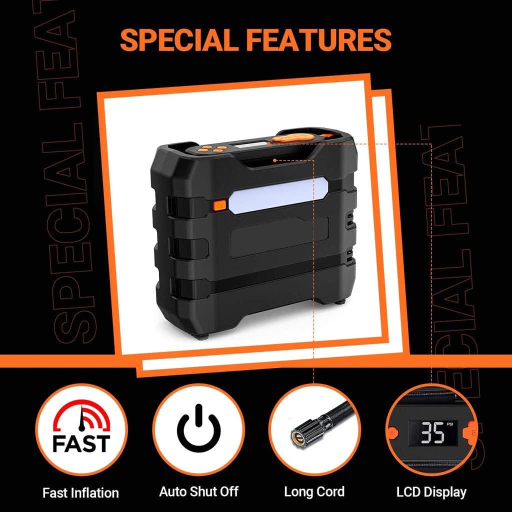 Car Tire Inflator 12V DC Portable Air Compressor with 3 LED Lights | Orange 2Pcs Pack of 2