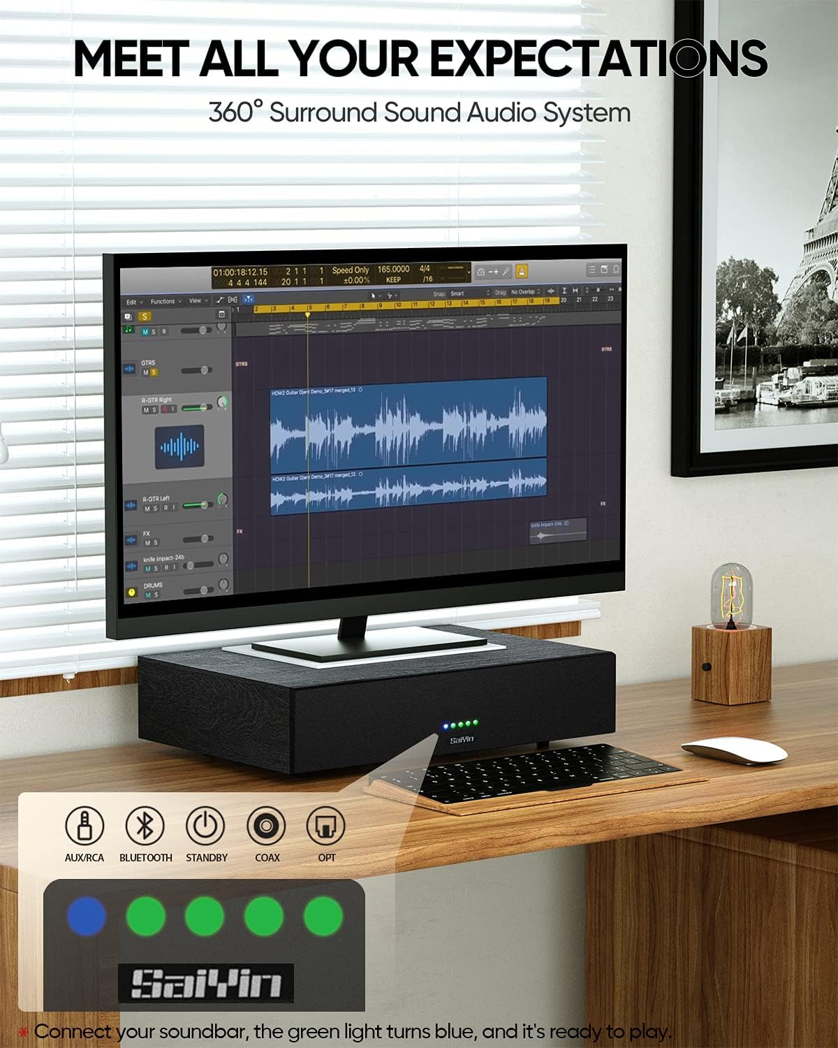 Sound Bars for TV, 2.1 CH PC Sound Bars with Built-in Subwoofer, Deep Bass Soundbar with Bluetooth, Home Audio Surround Sound Base for Home Theater/PC Gaming, Remote Control AUX/RCA/Opt/Coax