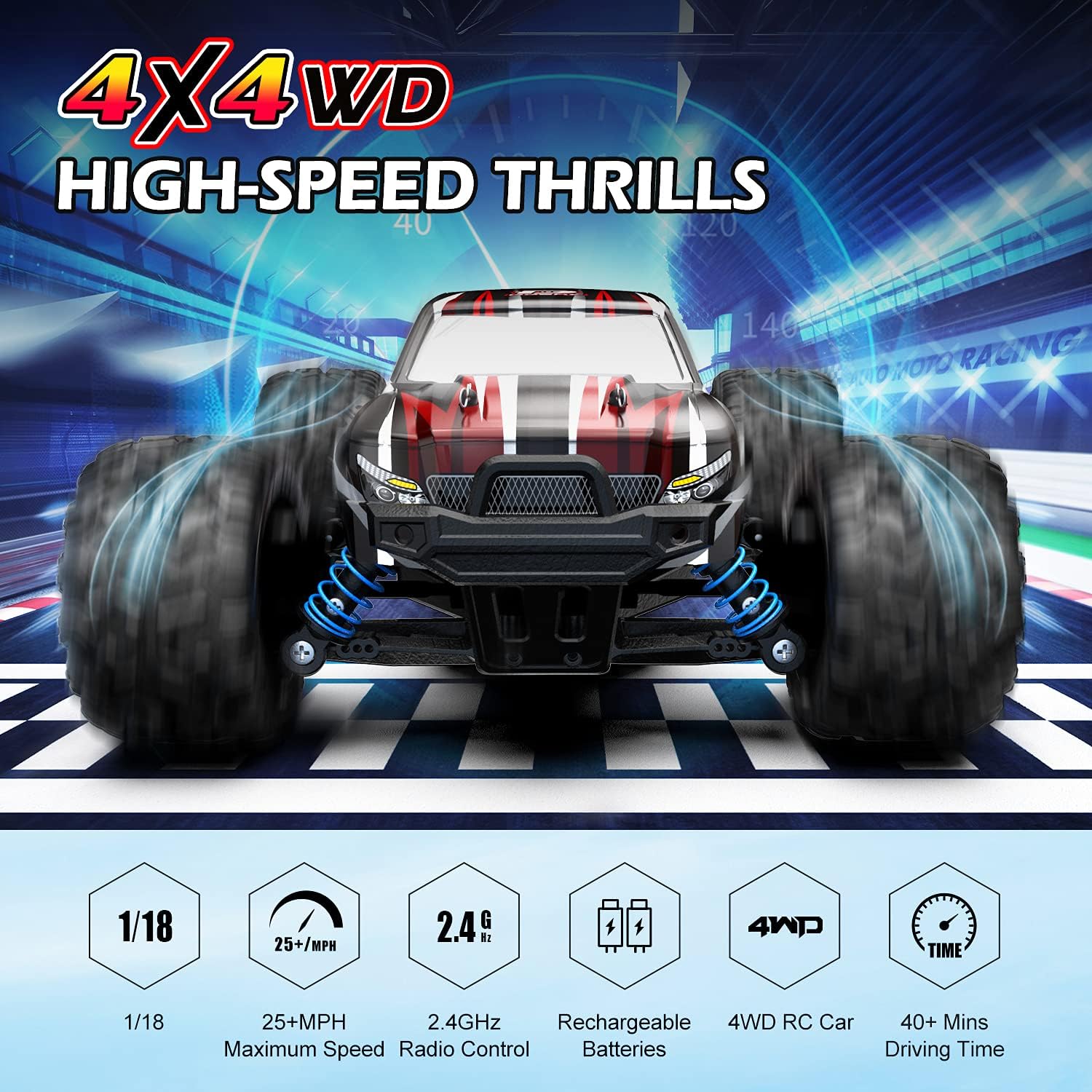 DEERC 9300 Remote Control Car High Speed RC Cars for Kids Adults 1:18 Scale 40 KM/H 4WD Off Road Monster Trucks,2.4GHz All Terrain Toy Trucks with 2 Rechargeable Battery,40+ Min Play Gift for Boy Girl Pack of 2