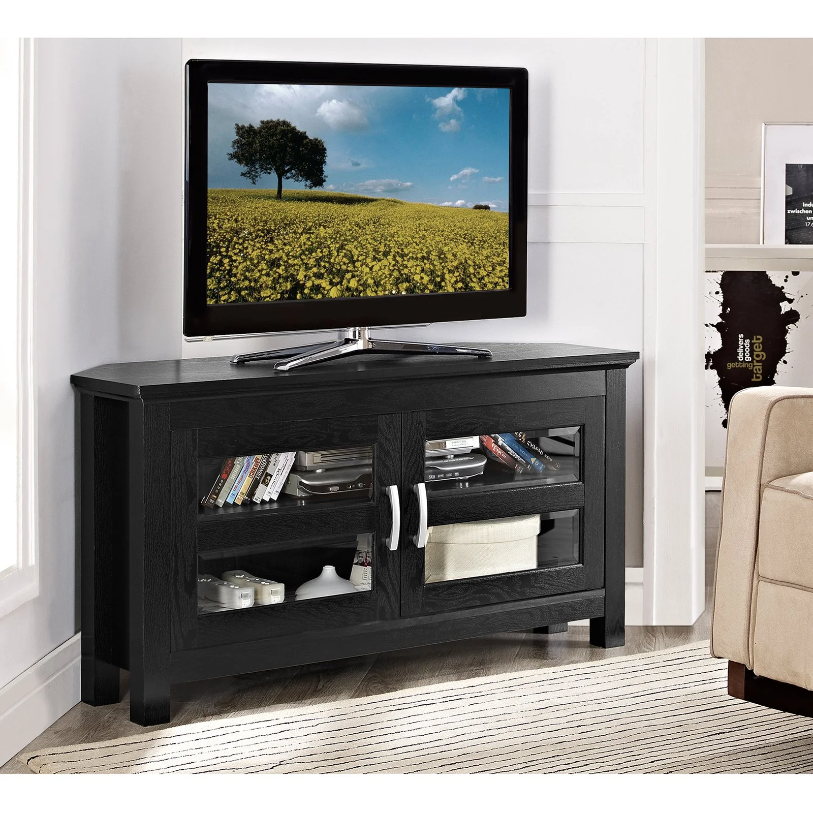 44" Transitional Farmhouse Wood Corner TV Console in Grey Wash
