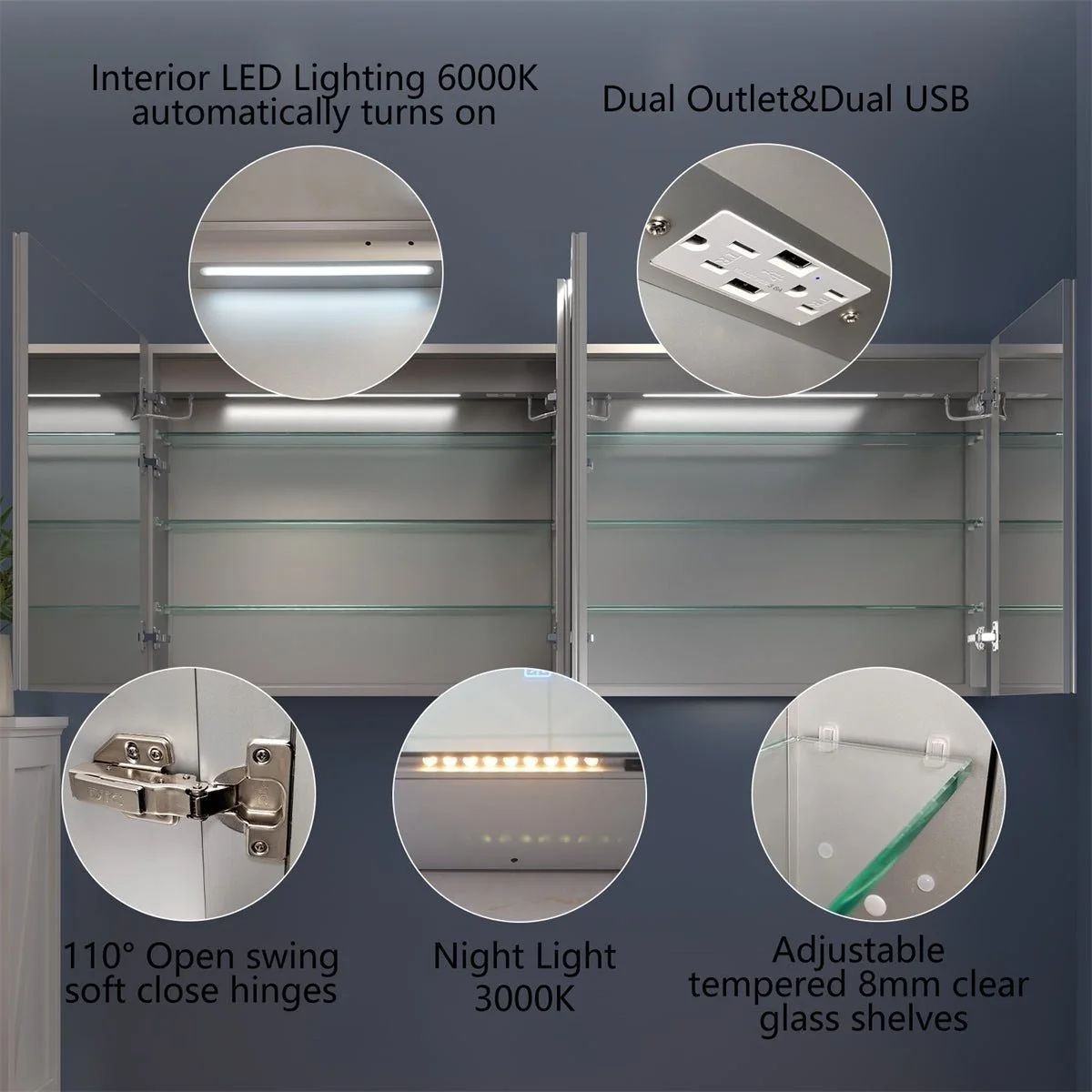 Rim 72" W x 32" H Lighted Medicine Cabinet Recessed or Surface led Medicine Cabinet with Outlets and USBs