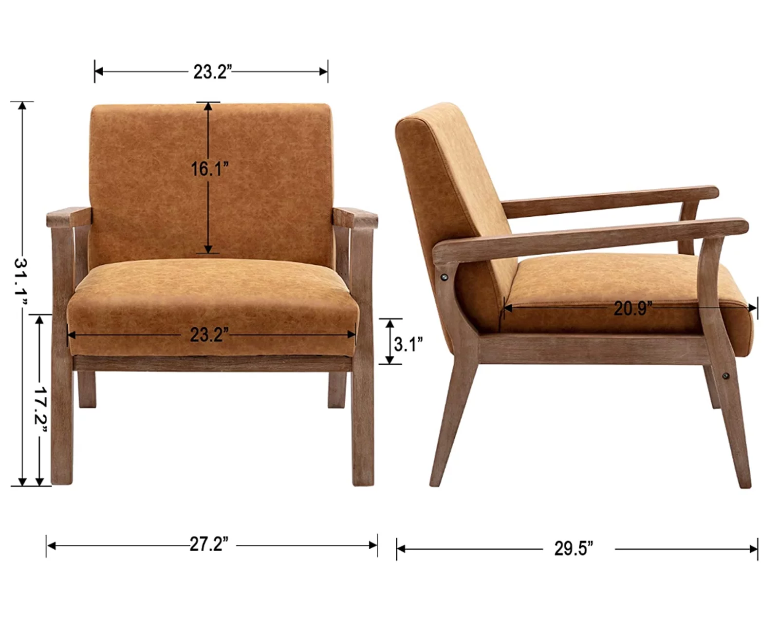 Guyou Wooden Accent Chair, Modern Faux Leather Upholstered Reading Armchair for Living Room Bedroom Study, Tan